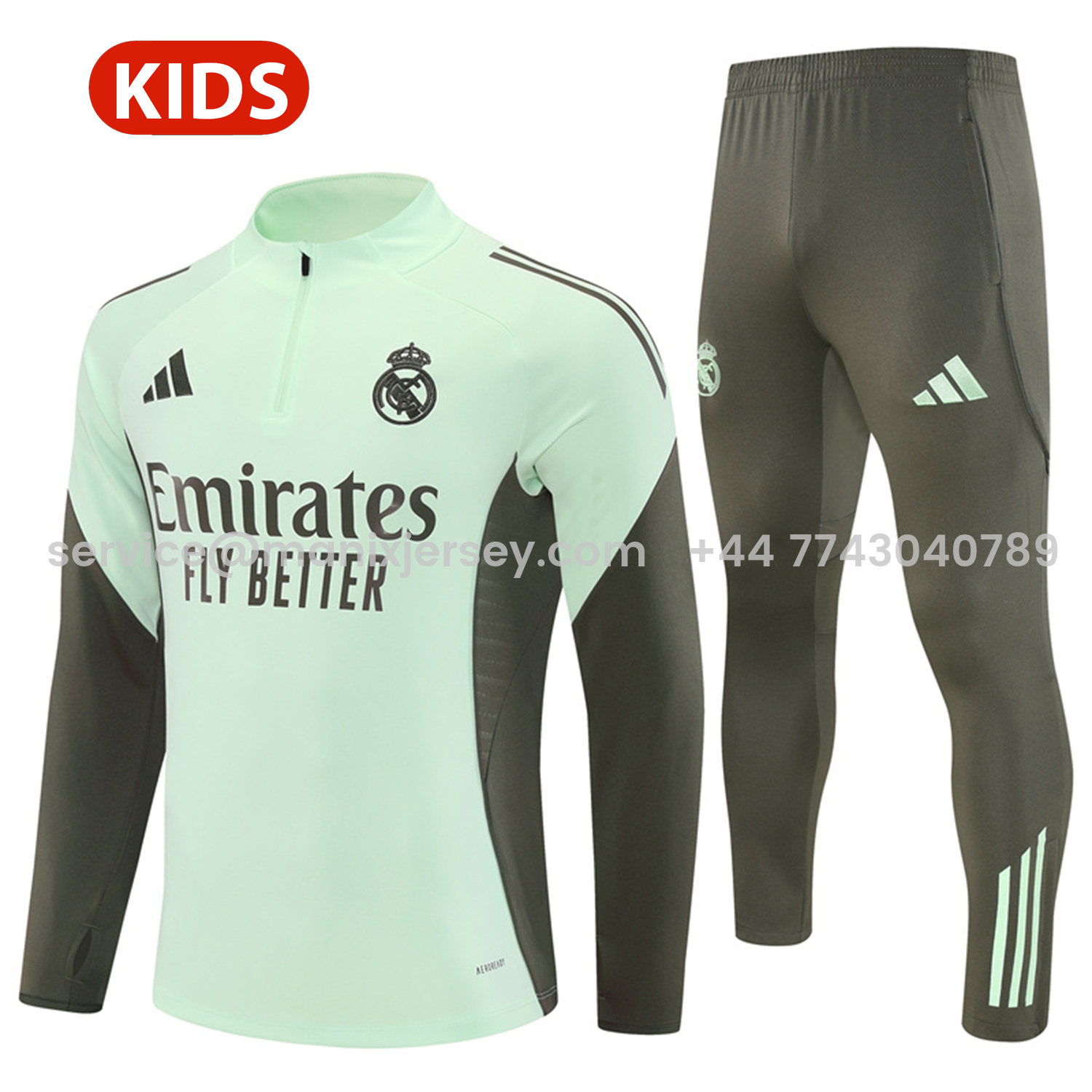 ManixJersey.com | Real Madrid 25-26 Kids Long Sleeve Training Set - Light Green Top & Army Green Pants -Customize Name, Number and Patch | Worldwide Shipping