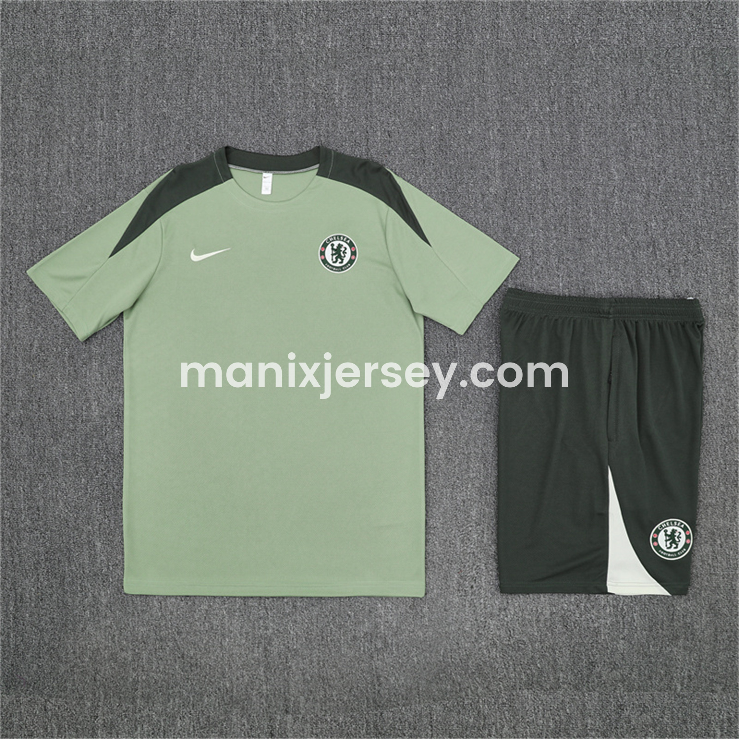 ManixJersey.com | C.H.E.L.S.E.A 25-26 Kids Short-Sleeve Training Set - Light Green Top & Army Green Shorts -Customize Name, Number and Patch | Worldwide Shipping