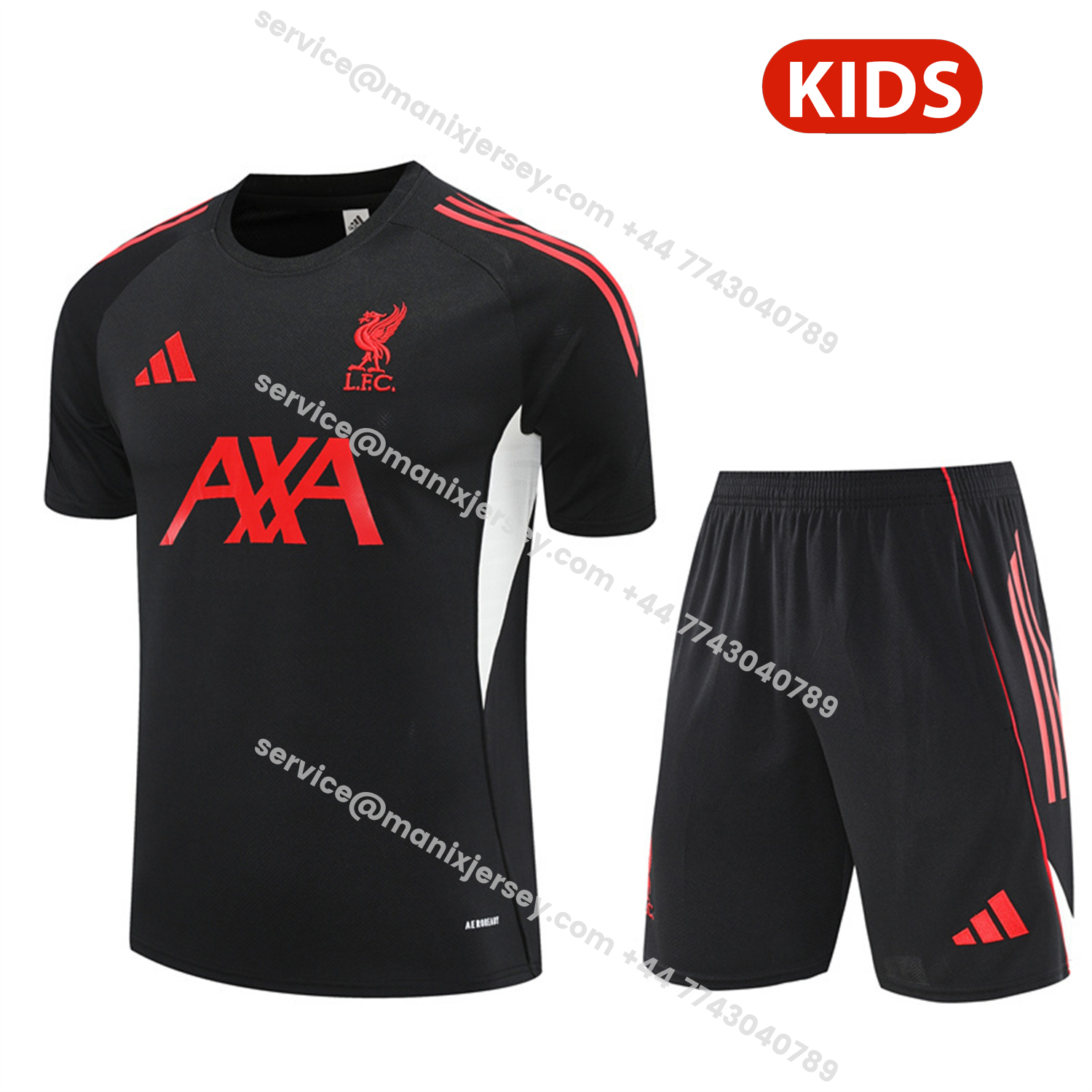 ManixJersey.com | Liver.pool 25-26 Kids Short-Sleeve Training Set - Black Top & Black Shorts -Customize Name, Number and Patch | Worldwide Shipping