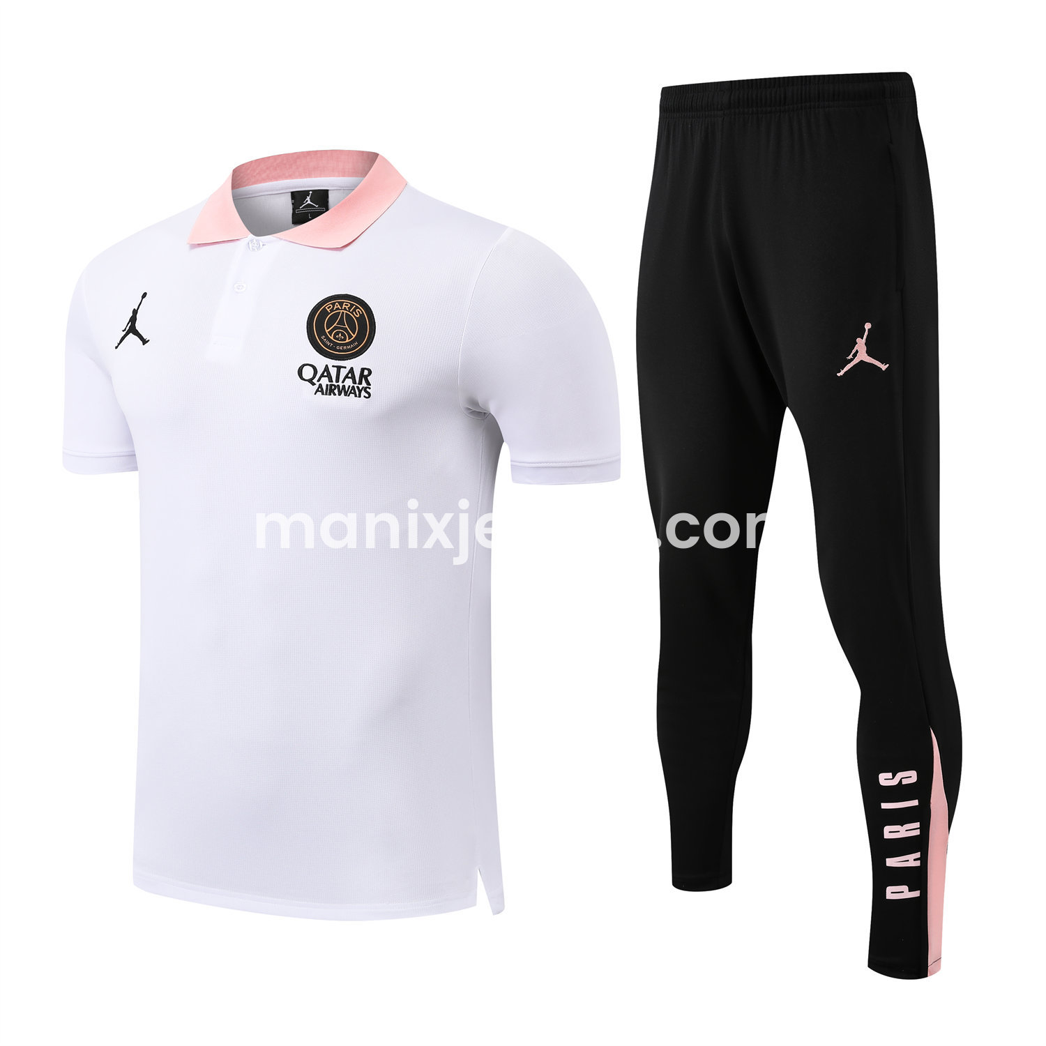 ManixJersey.com | Paris Saint-Germain PSG 25-26 POLO Short-Sleeve Training Set - White Top and Black Pants -Customize Name, Number and Patch | Worldwide Shipping