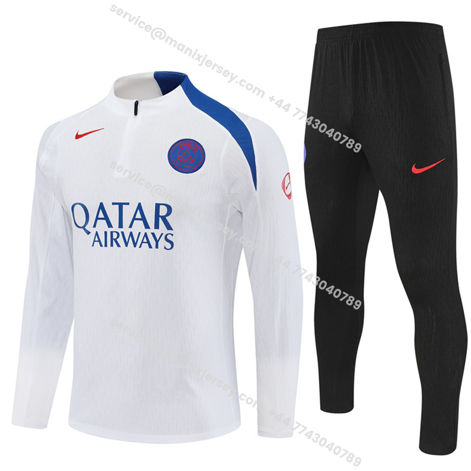ManixJersey.com | Paris Saint-Germain PSG 25-26 Long Sleeve Training Set - Player Version - White Top and Black Pants -Customize Name, Number and Patch | Worldwide Shipping