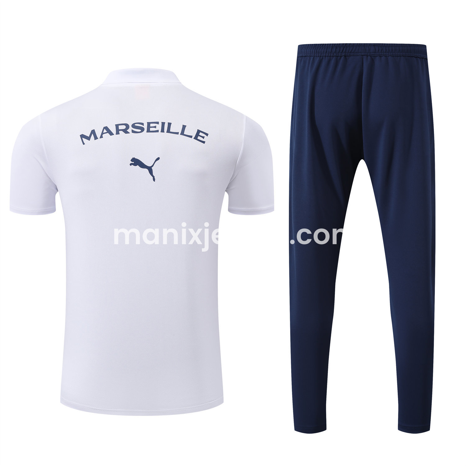 ManixJersey.com | Marseille 25-26 POLO Short-Sleeve Training Set - White Top and Deep Blue Pants -Customize Name, Number and Patch | Worldwide Shipping