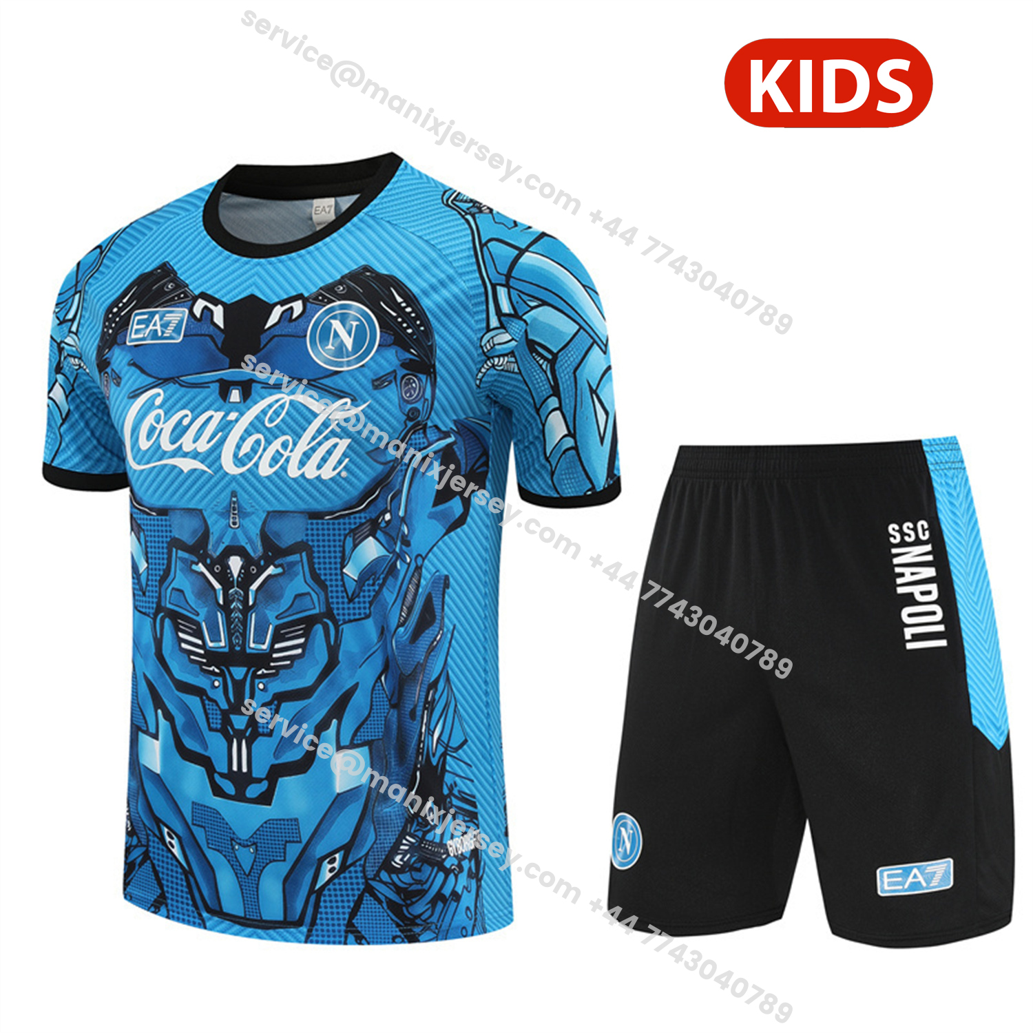 ManixJersey.com | Napoli 25-26 Kids Short-Sleeve Training Set - Blue Mecha Top & Black Shorts -Customize Name, Number and Patch | Worldwide Shipping