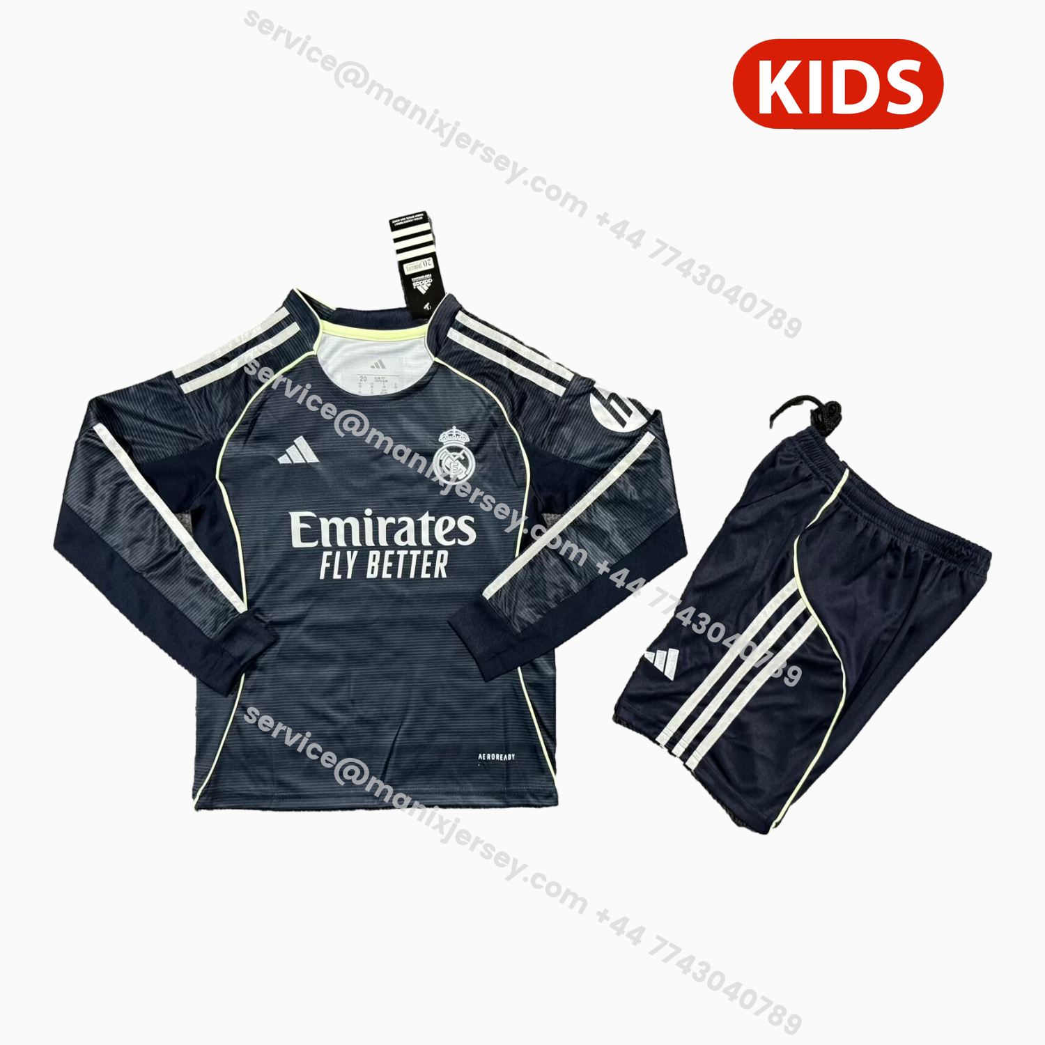 ManixJersey.com | Real Madrid 25-26 Away Long Sleeves Kids Kit - Fans Version -Customize Name, Number and Patch | Worldwide Shipping
