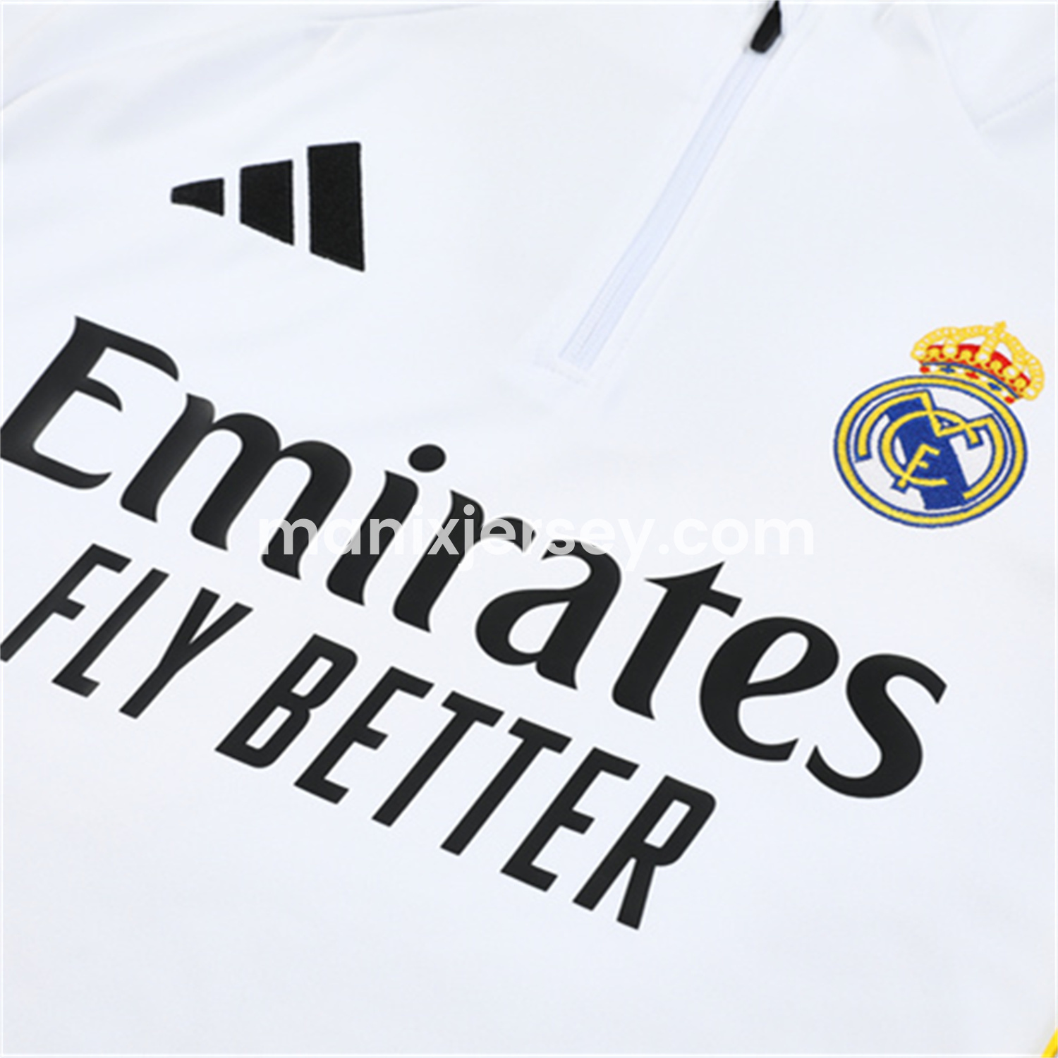 ManixJersey.com | Real Madrid 25-26 Kids Long Sleeve Training Set - Yellow Line White Top and Black Shorts -Customize Name, Number and Patch | Worldwide Shipping