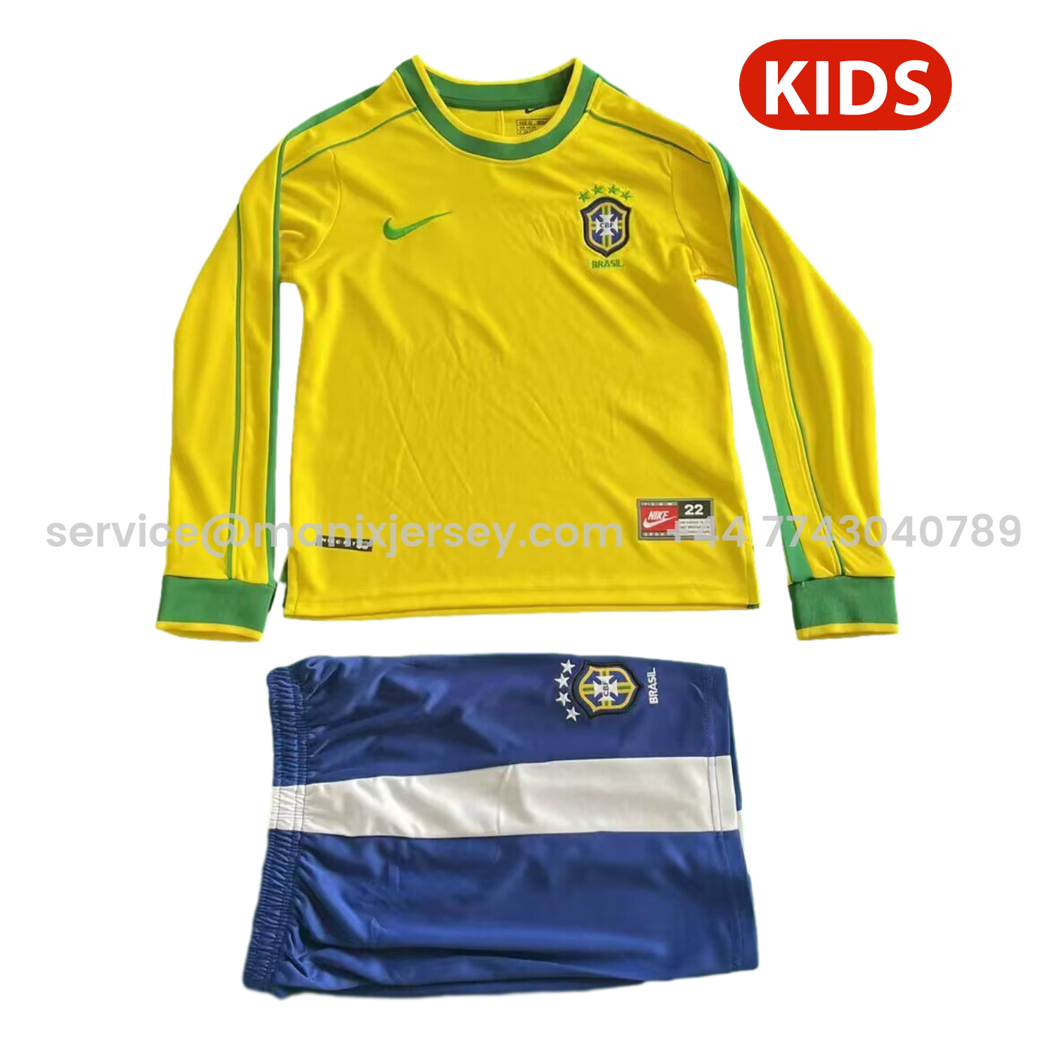 ManixJersey.com | Retro Brazil 1998 Home Long Sleeves Kids Kit -Customize Name, Number and Patch | Worldwide Shipping