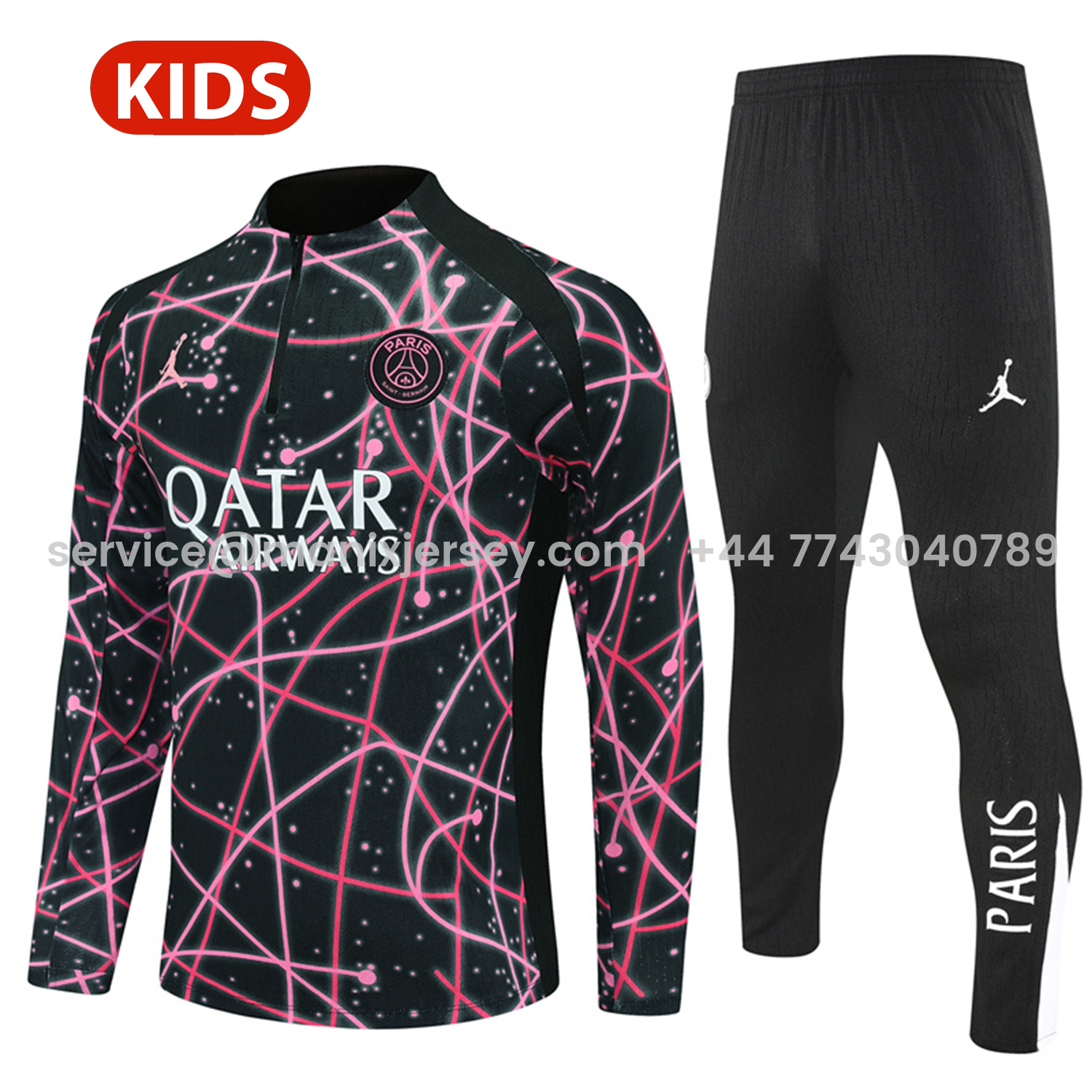 ManixJersey.com | Paris Saint-Germain PSG 25-26 Kids Long Sleeve Training Set - JD Black Pink Top and Black Pants -Customize Name, Number and Patch | Worldwide Shipping