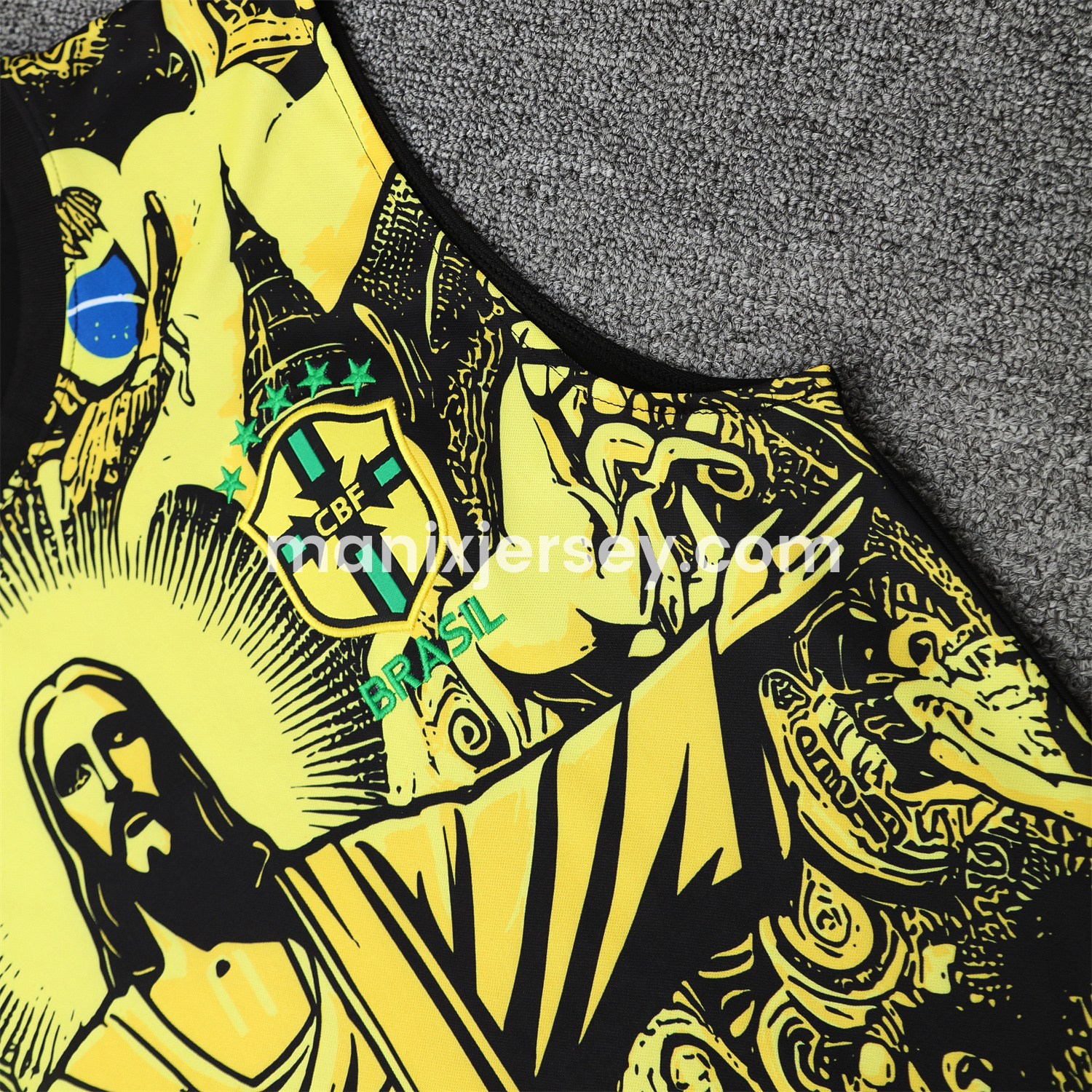 ManixJersey.com | Brazil 25-26 Yellow Jesus Statue Vest Training Set - Yellow Vest & Black Shorts -Customize Name, Number and Patch | Worldwide Shipping