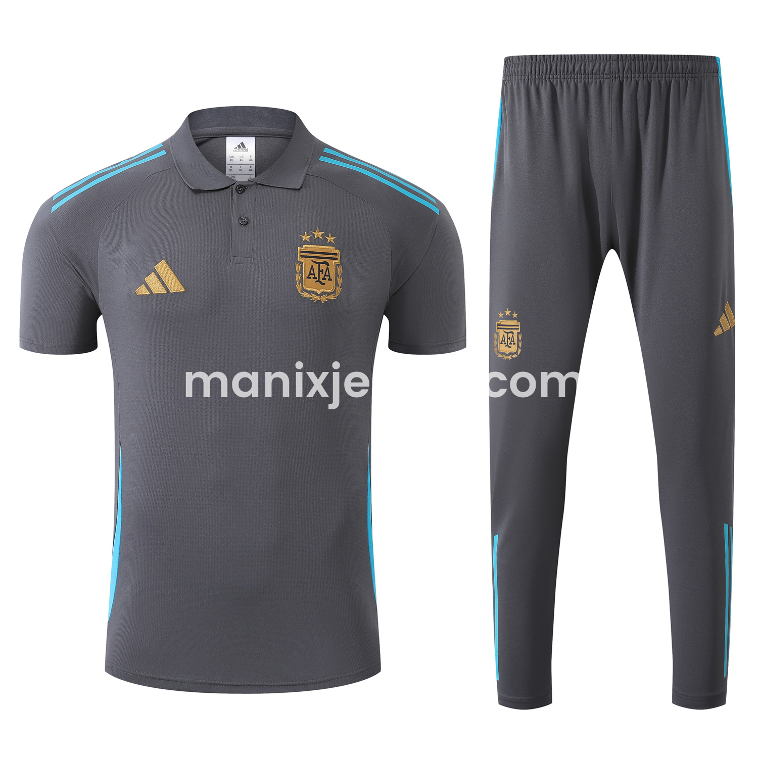 ManixJersey.com | Argentina 25-26 POLO Short-Sleeve Training Set - Grey Top and Pants with Blue Stripes -Customize Name, Number and Patch | Worldwide Shipping