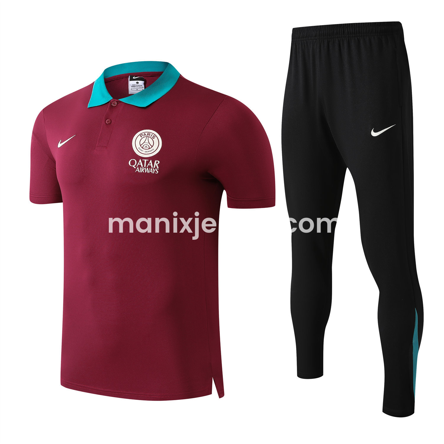 ManixJersey.com | Paris Saint-Germain PSG 25-26 POLO Short-Sleeve Training Set - Deep Red Top and Black Pants -Customize Name, Number and Patch | Worldwide Shipping