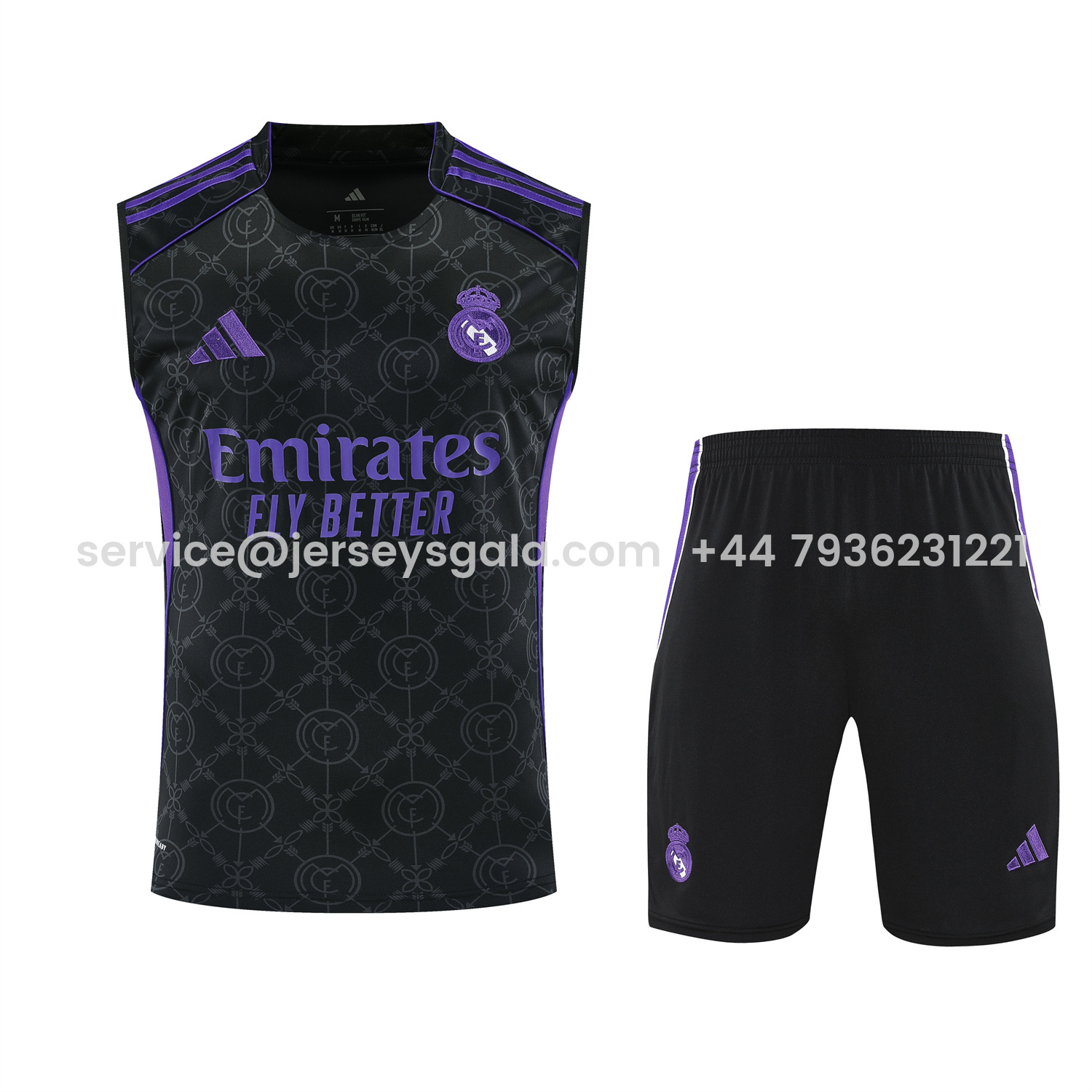 JerseysGala.com | Real Madrid 25-26 Vest Training Set - Blue Edge Black Vest & Black Shorts -Customize Name, Number and Patch | Worldwide Shipping