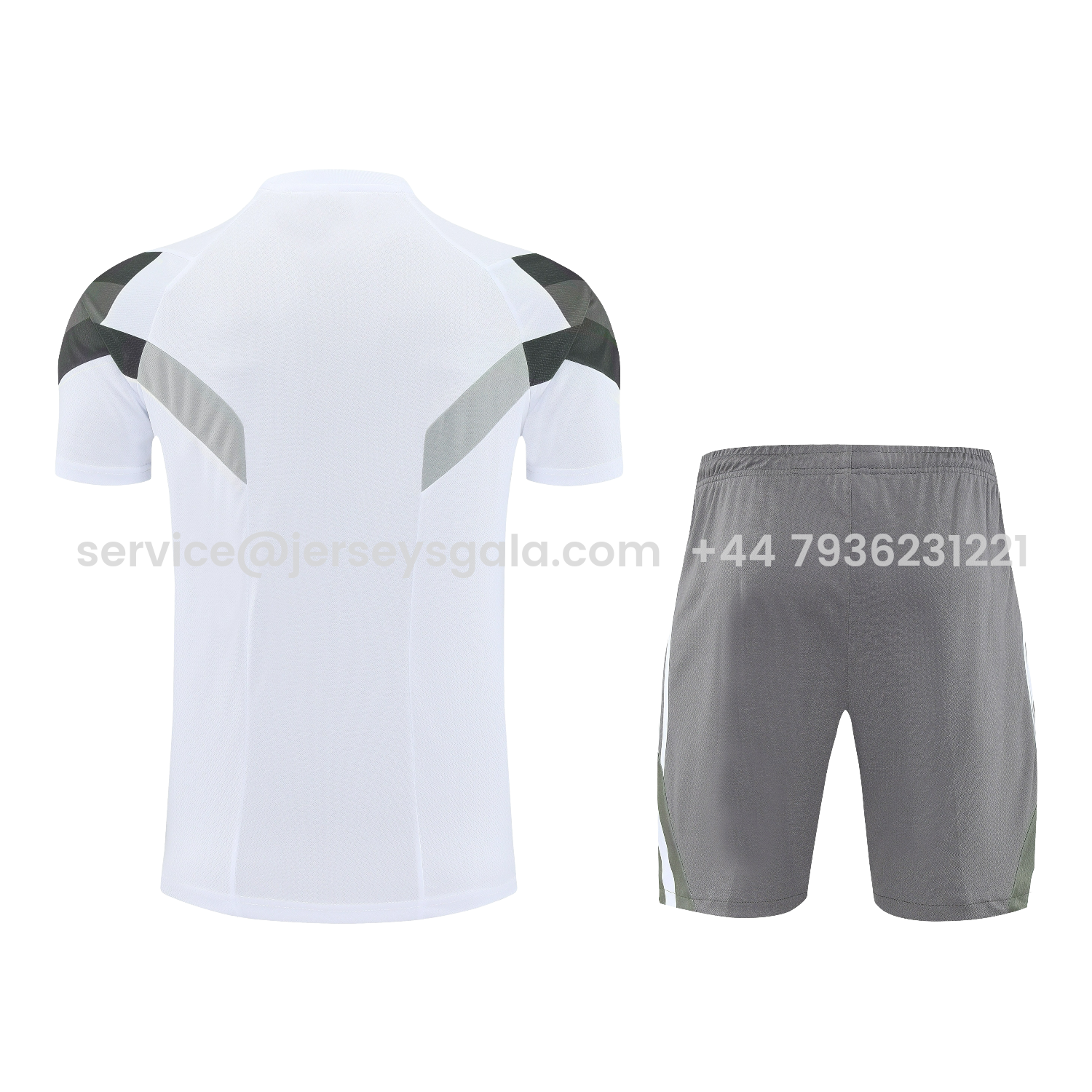 JerseysGala.com | Real Madrid 25-26 Short-Sleeve Training Set - White Top & Gray Shorts -Customize Name, Number and Patch | Worldwide Shipping