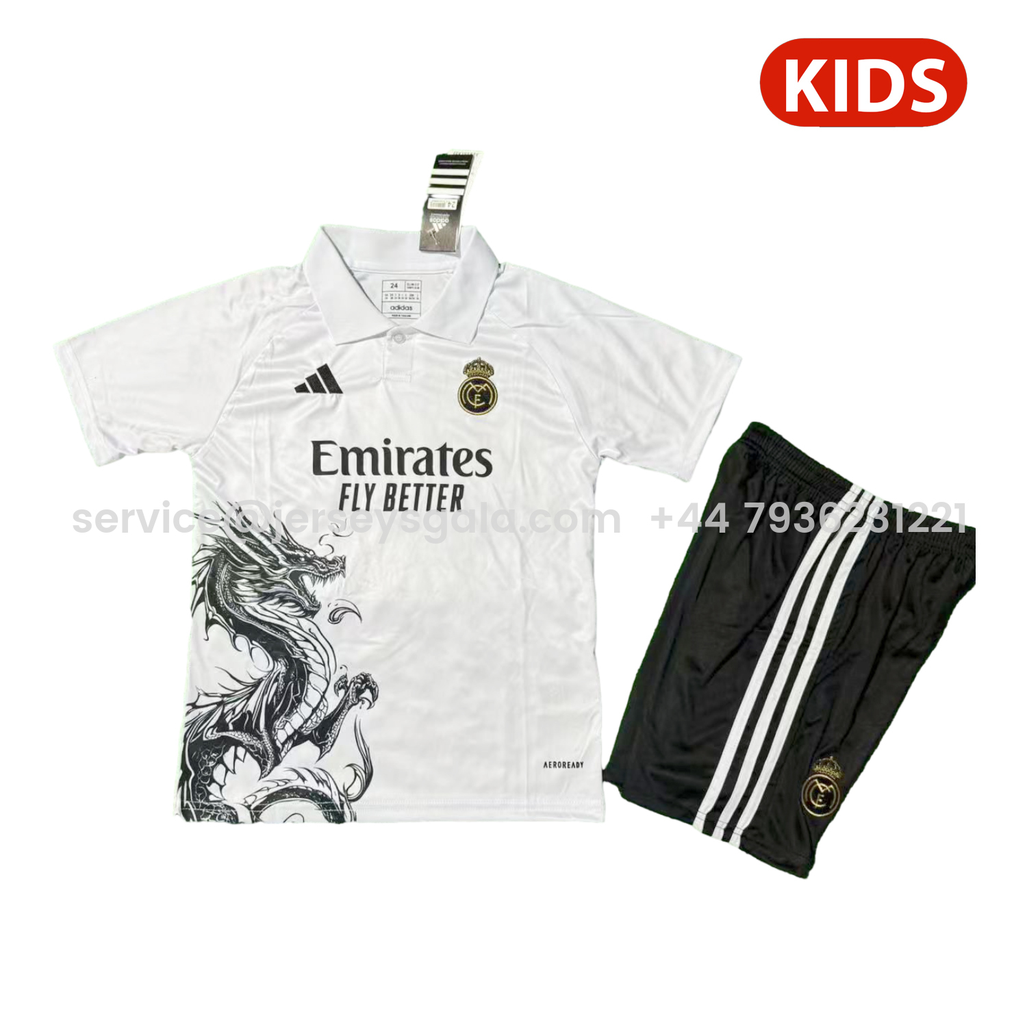 JerseysGala.com | Real Madrid 25-26 Black Dragon White Special Polo Kids Kit -Customize Name, Number and Patch | Worldwide Shipping