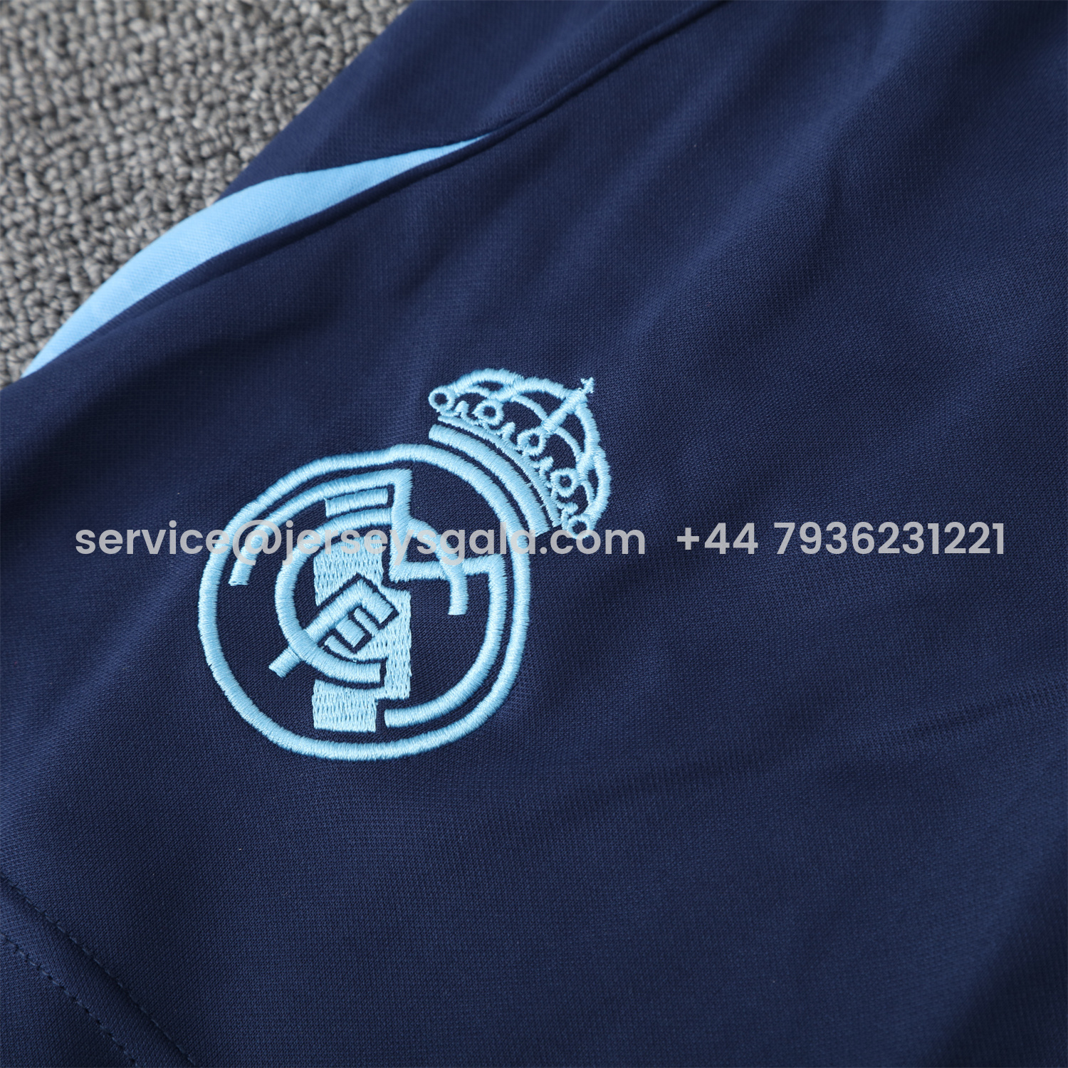 JerseysGala.com | Real Madrid 25-26 Short-Sleeve Training Set - Blue Water Pattern Top & Deep Blue Shorts -Customize Name, Number and Patch | Worldwide Shipping