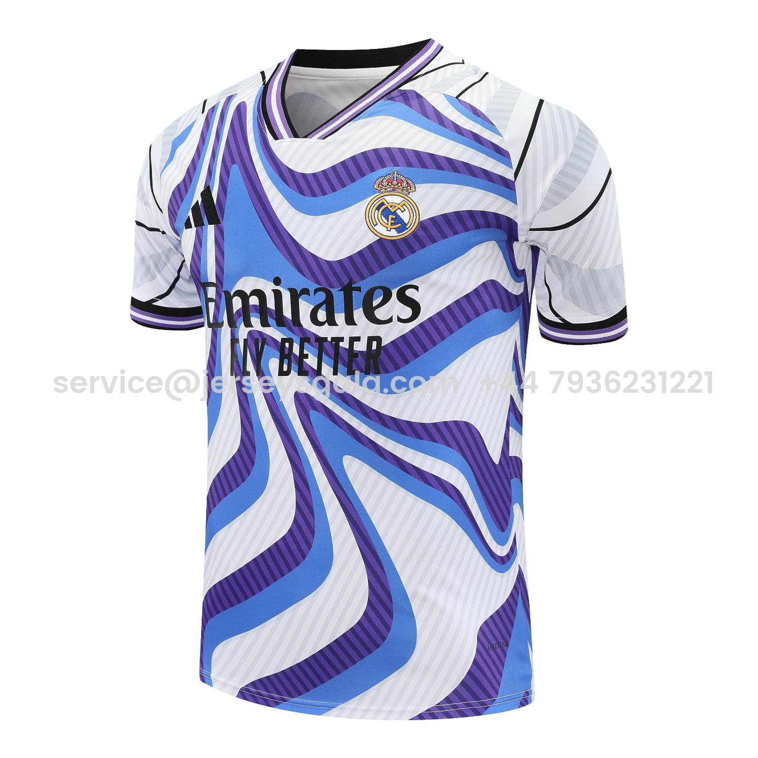 JerseysGala.com | Real Madrid 25-26 Short-Sleeve Training Set - Blue Purple Curve Pattern Top & Black Shorts -Customize Name, Number and Patch | Worldwide Shipping