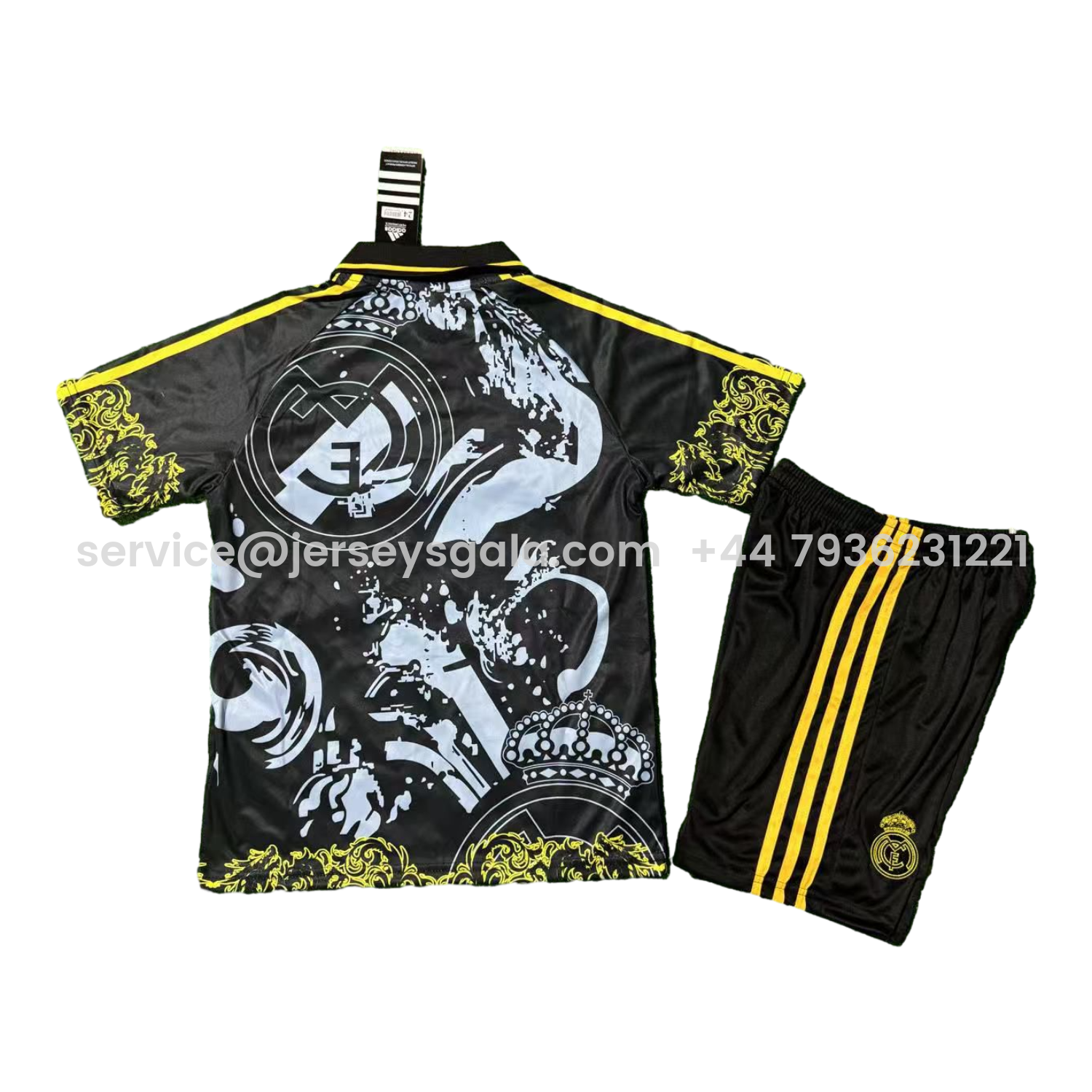JerseysGala.com | Real Madrid 25-26 Yellow Dragon And Cloud Black Special Polo Kids Kit -Customize Name, Number and Patch | Worldwide Shipping