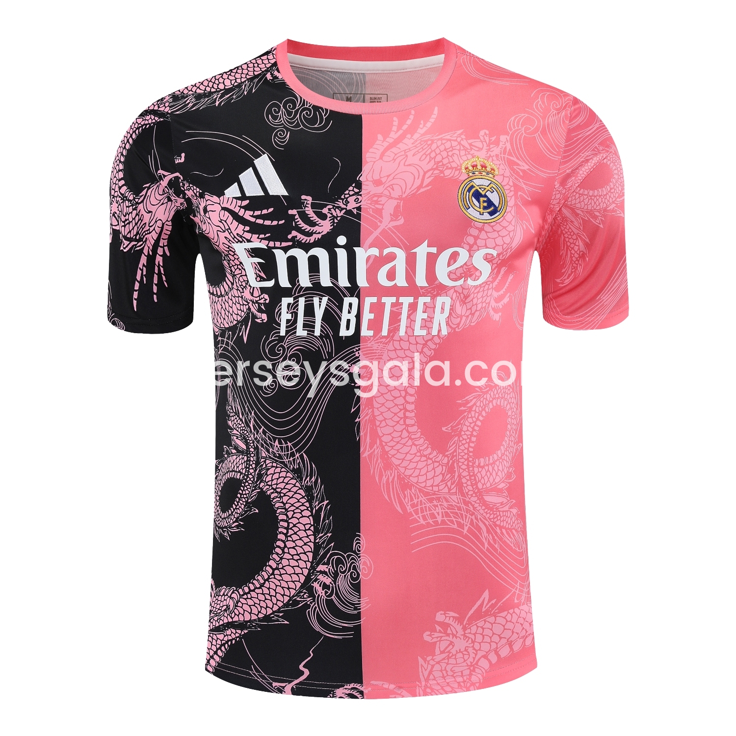 JerseysGala.com | Real Madrid 25-26 Short-Sleeve Training Set - Pink-Black Dragon Top & Black-White Shorts -Customize Name, Number and Patch | Worldwide Shipping