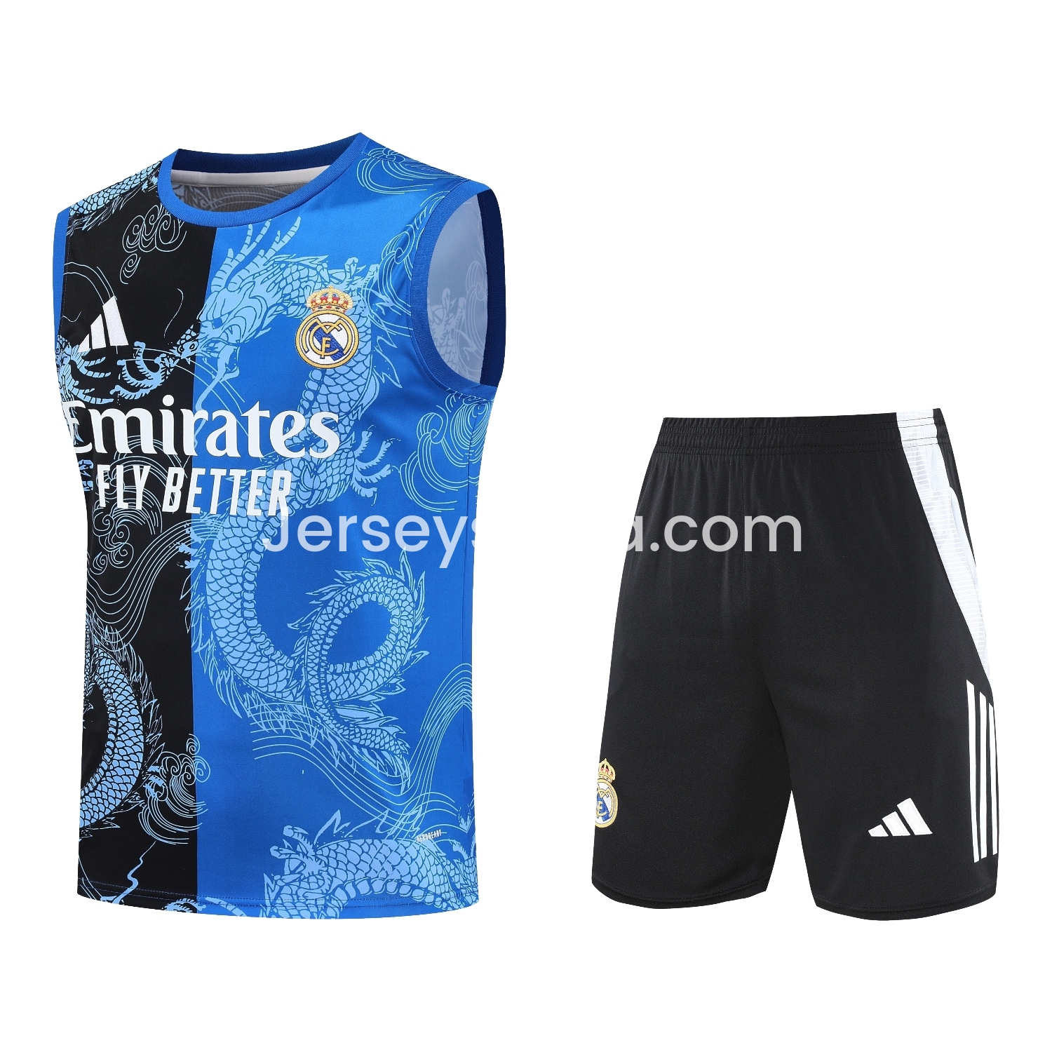 JerseysGala.com | Real Madrid 25-26 Vest Training Set - Blue Black Dragon Vest & Black-White Shorts -Customize Name, Number and Patch | Worldwide Shipping