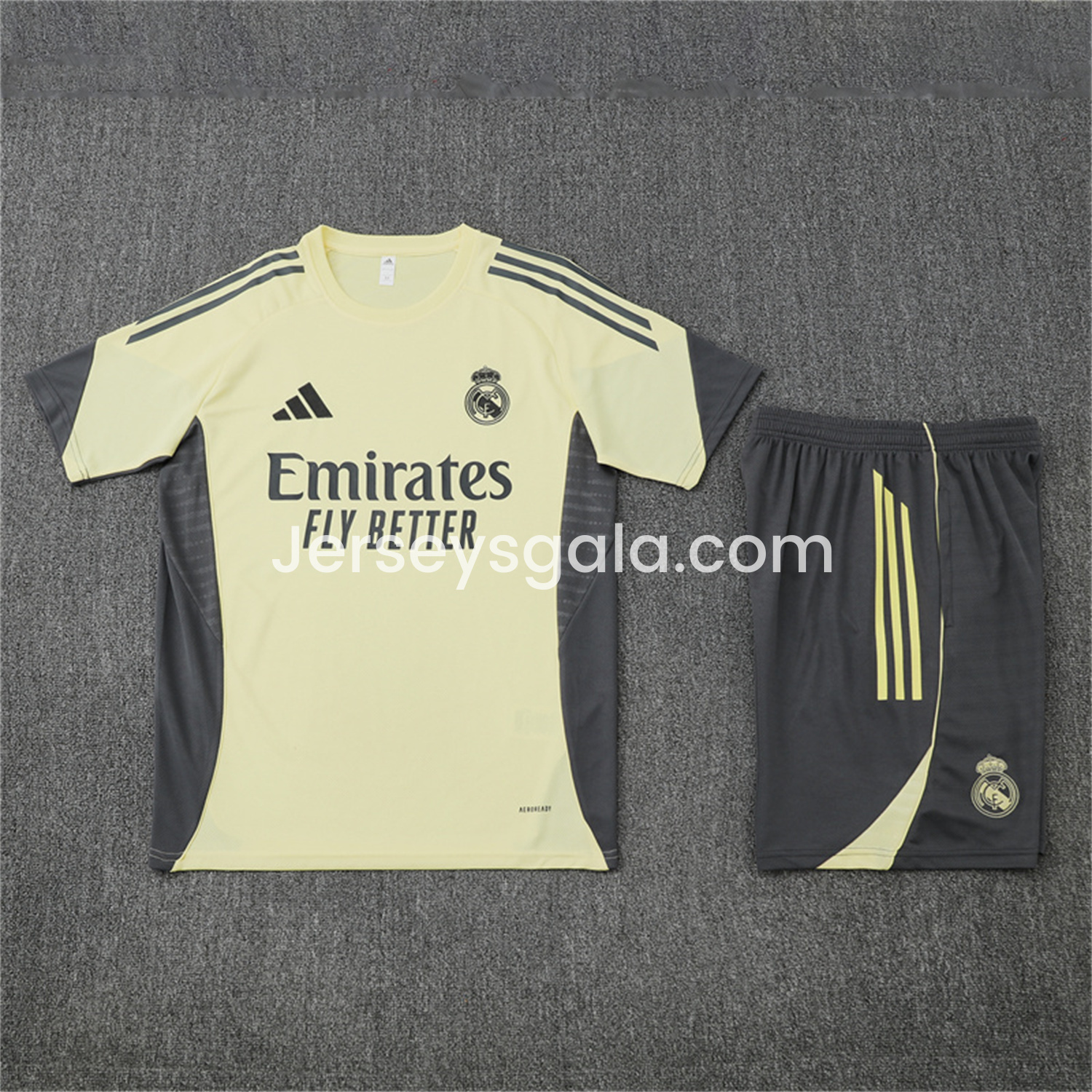JerseysGala.com | Real Madrid 25-26 Kids Short-Sleeve Training Set - Yellow Top and Grey Shorts -Customize Name, Number and Patch | Worldwide Shipping