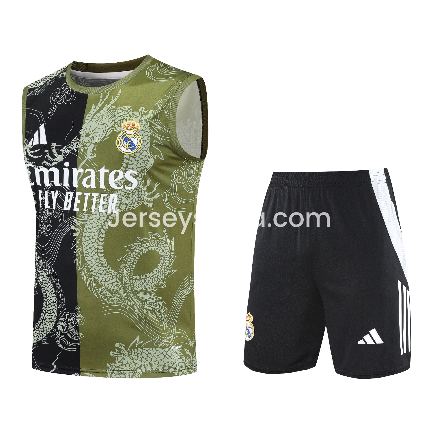 JerseysGala.com | Real Madrid 25-26 Vest Training Set - Green-Black Dragon Vest & Black-White Shorts -Customize Name, Number and Patch | Worldwide Shipping