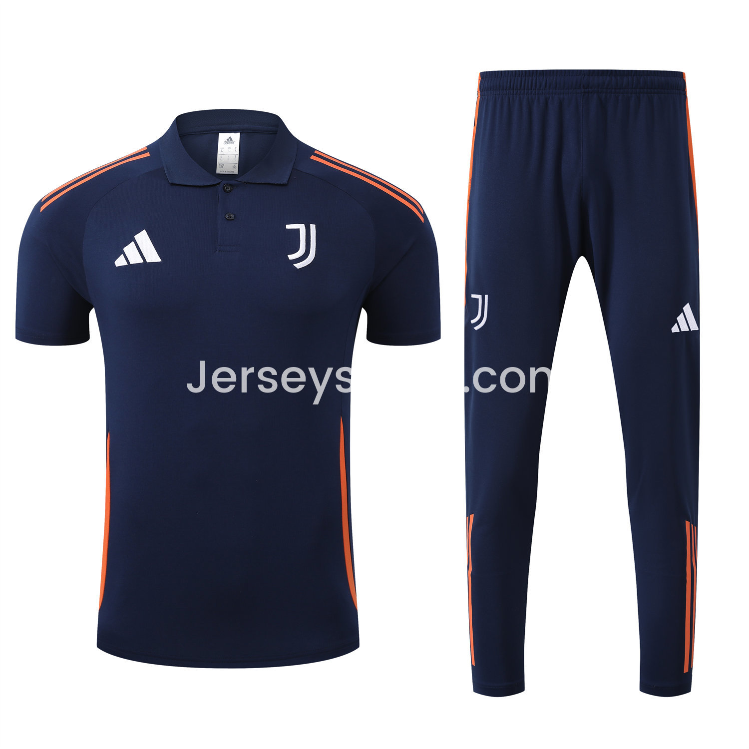 JerseysGala.com | Juventus 25-26 POLO Short-Sleeve Training Set - Deep Blue Top and Pants with Orange Stripes -Customize Name, Number and Patch | Worldwide Shipping