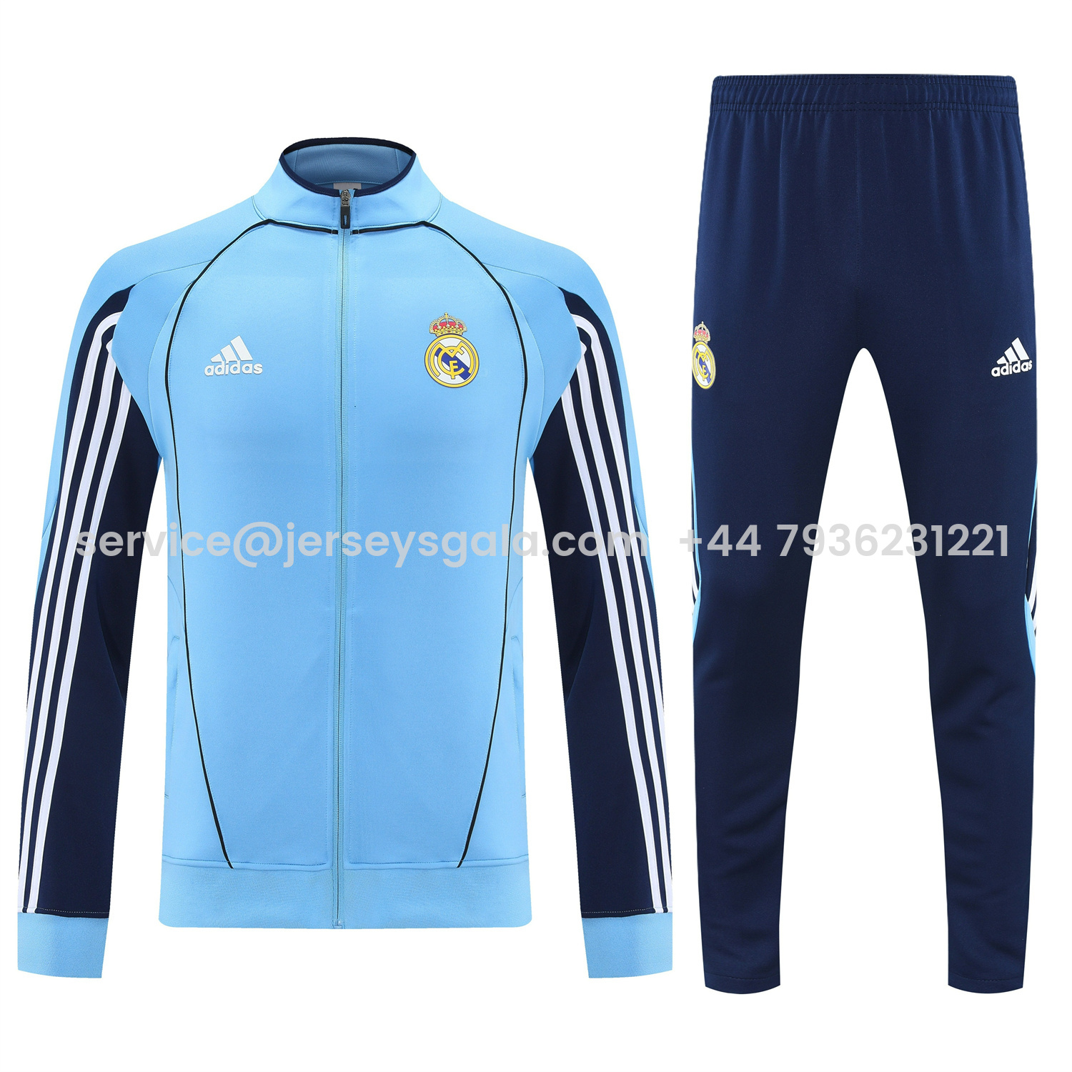 JerseysGala.com | Real Madrid 25-26 Jacket Training Tracksuit - Light Blue Jackets & Deep Blue Pants -Customize Name, Number and Patch | Worldwide Shipping