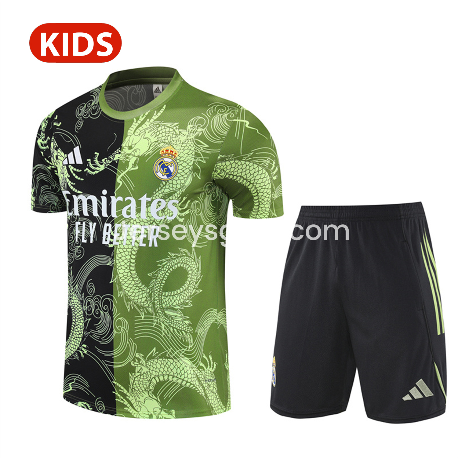 JerseysGala.com | Real Madrid 25-26 Kid Short-Sleeve Training Set - Green Black Top & Black Shorts -Customize Name, Number and Patch | Worldwide Shipping