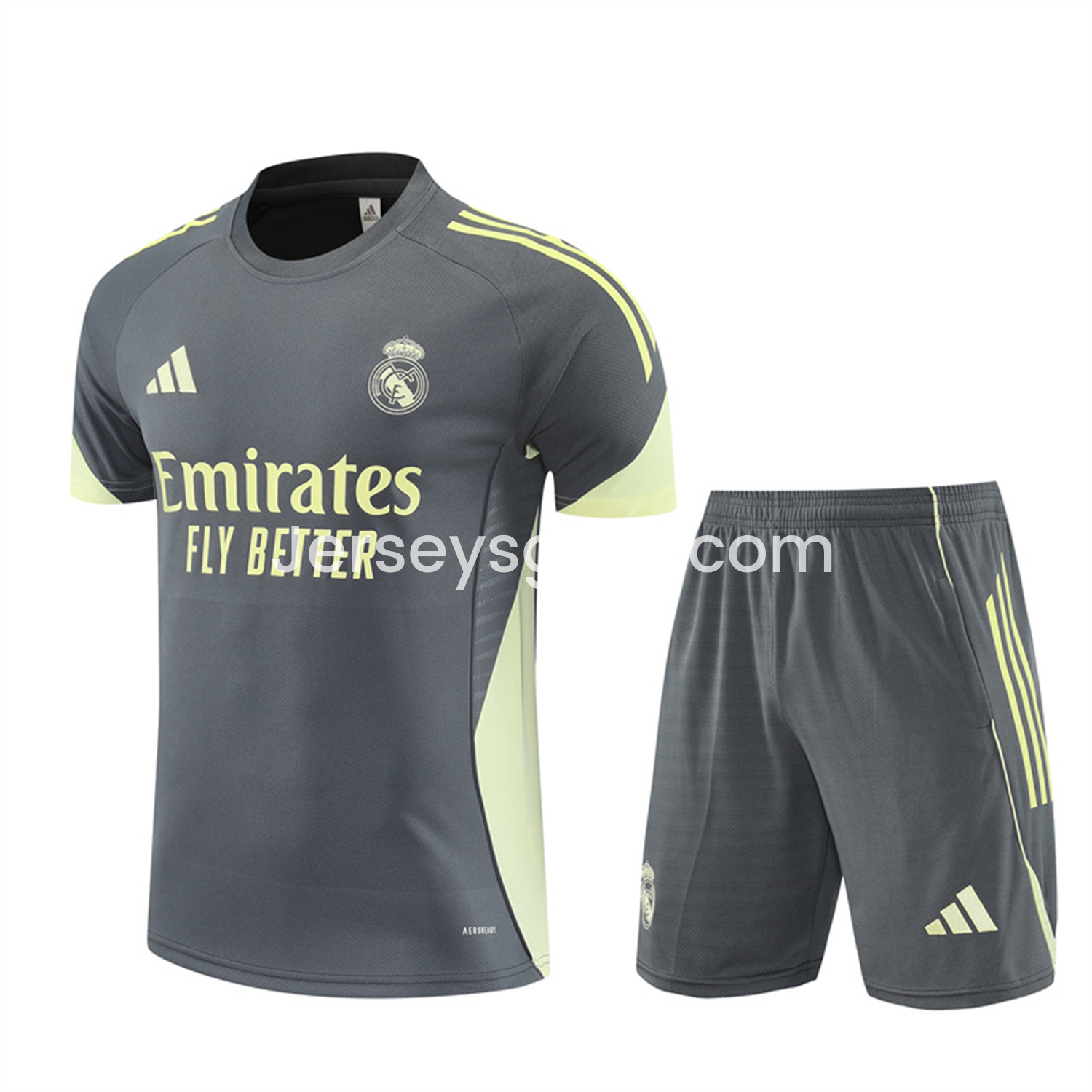 JerseysGala.com | Real Madrid 25-26 Short-Sleeve Training Set - Deep Grey Top and Shorts -Customize Name, Number and Patch | Worldwide Shipping