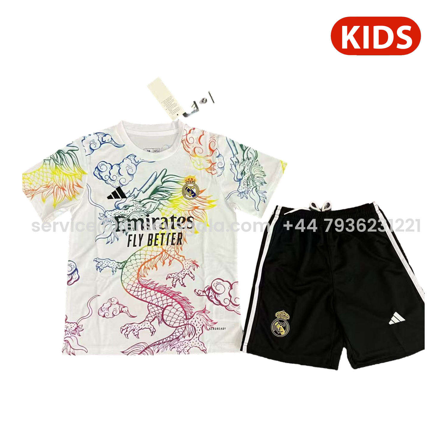 JerseysGala.com | Real Madrid 25-26 Colorful Dragon White Special Kids Kit -Customize Name, Number and Patch | Worldwide Shipping