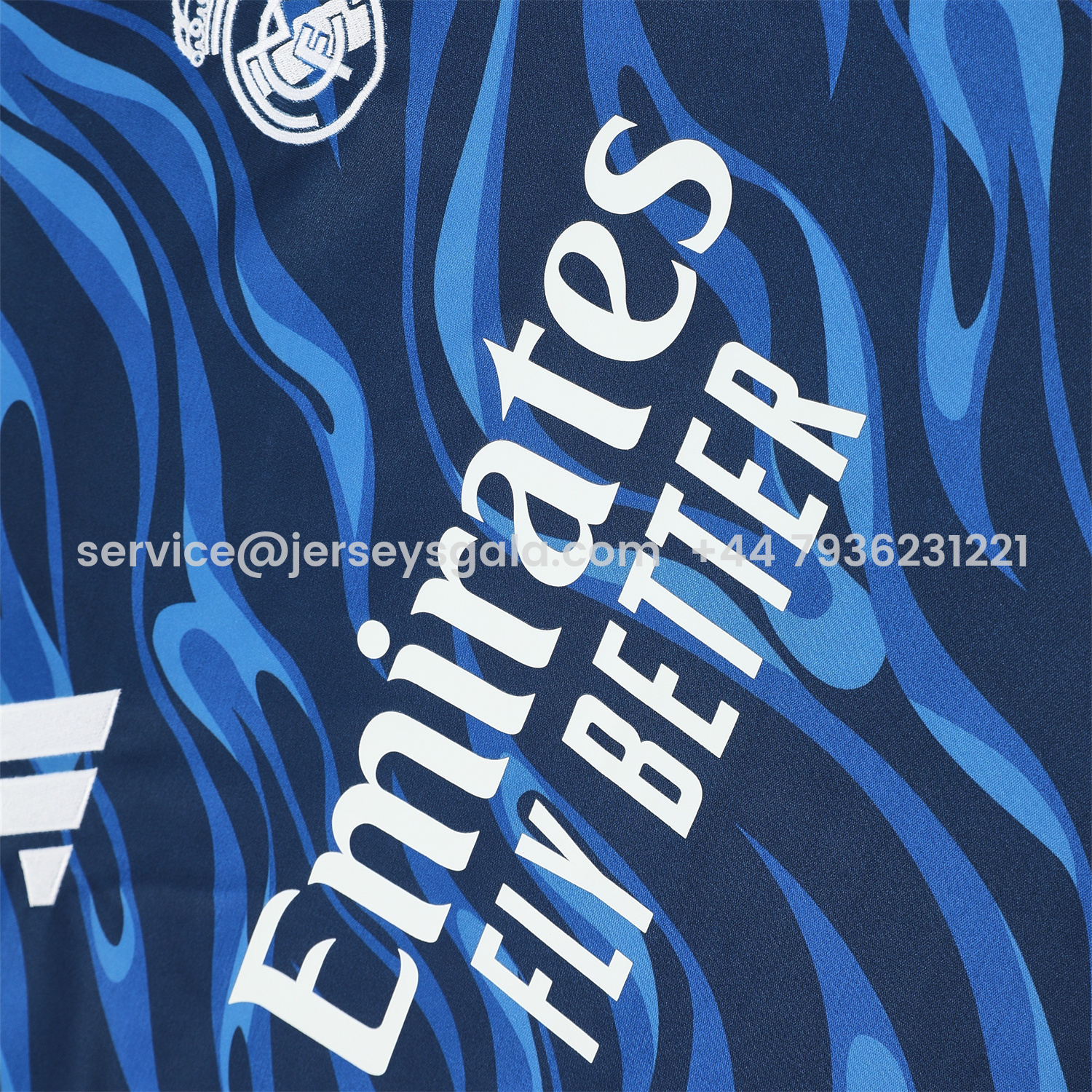 JerseysGala.com | Real Madrid 25-26 Short-Sleeve Training Set - Blue Water Pattern Top & Deep Blue Shorts -Customize Name, Number and Patch | Worldwide Shipping