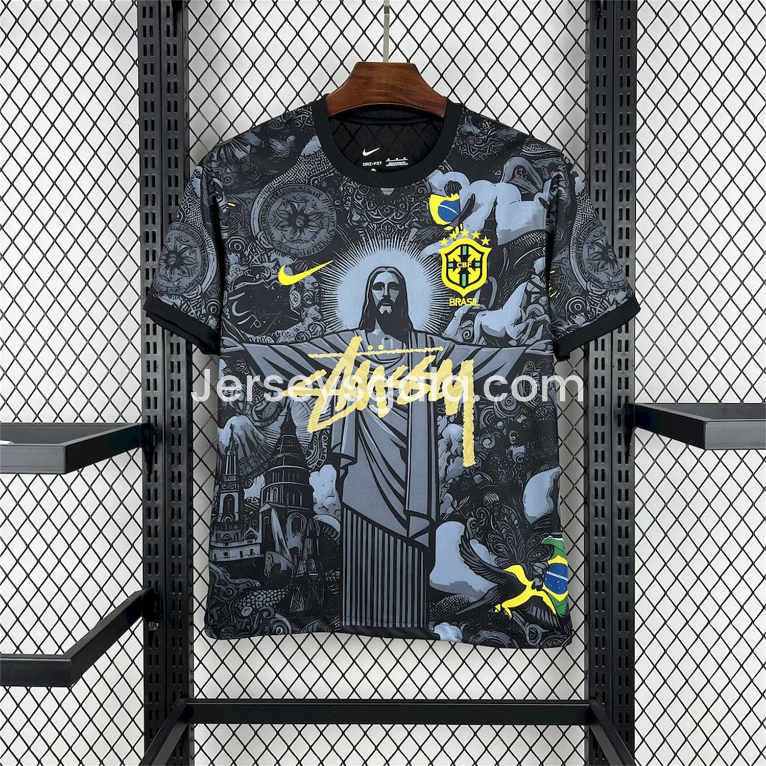 JerseysGala.com | Brazil 2024-25 X STUSSY Black Christ the Redeemer Statue Jersey - Fans Version -Customize Name, Number and Patch | Worldwide Shipping
