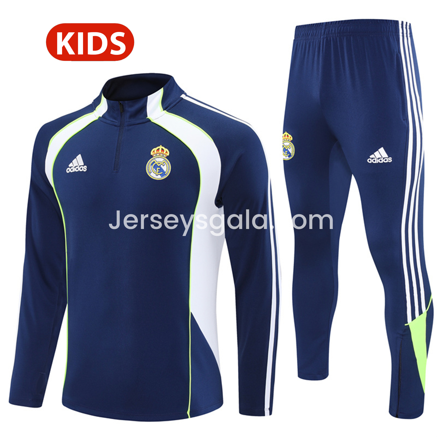 JerseysGala.com | Real Madrid 25-26 Kids Long Sleeve Training Set - Throwback Royal Blue Top and Pants -Customize Name, Number and Patch | Worldwide Shipping