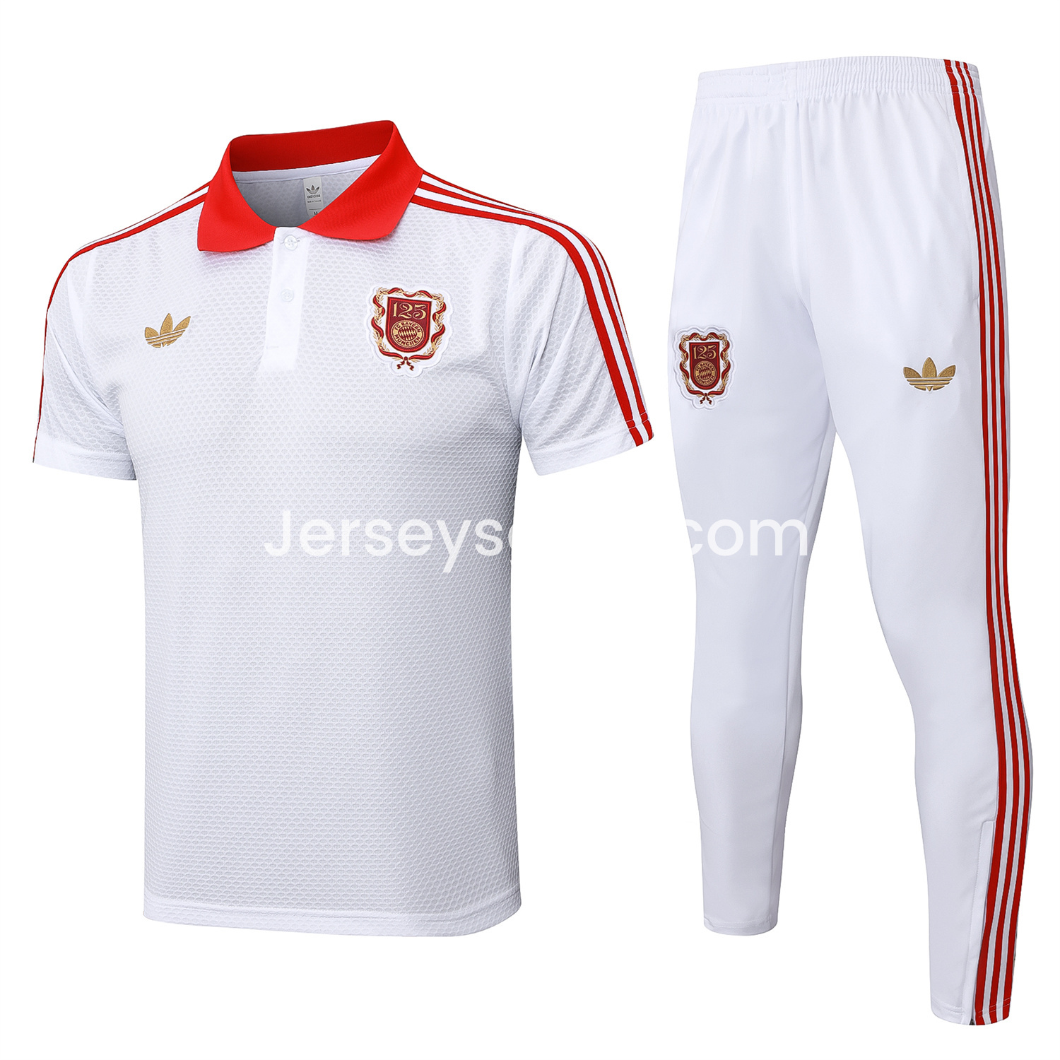 JerseysGala.com | Bayern Munich 2025 125th Anniversary POLO Short-Sleeve Training Set - White Top and Pants -Customize Name, Number and Patch | Worldwide Shipping