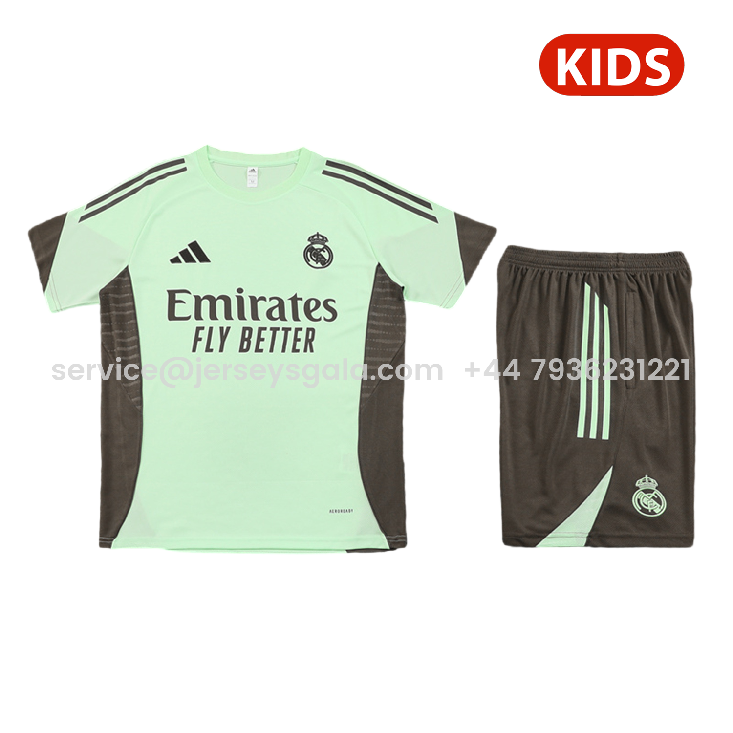 JerseysGala.com | Real Madrid 25-26 Kids Short-Sleeve Training Set - Light Green Top and Dark Khaki Shorts -Customize Name, Number and Patch | Worldwide Shipping