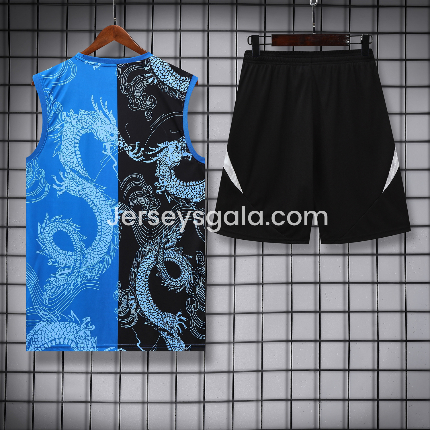 JerseysGala.com | Real Madrid 25-26 Vest Training Set - Blue Black Dragon Vest & Black-White Shorts -Customize Name, Number and Patch | Worldwide Shipping