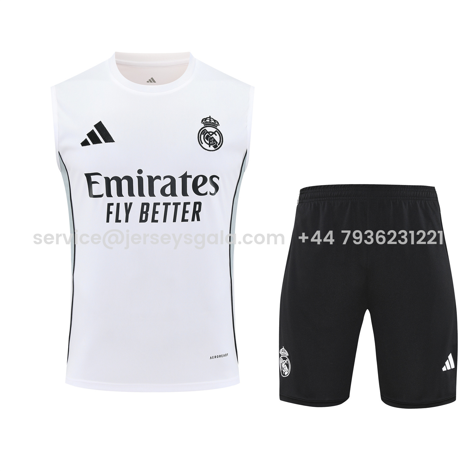 JerseysGala.com | Real Madrid 25-26 Vest Training Set - Grey And White Vest & Black Shorts -Customize Name, Number and Patch | Worldwide Shipping