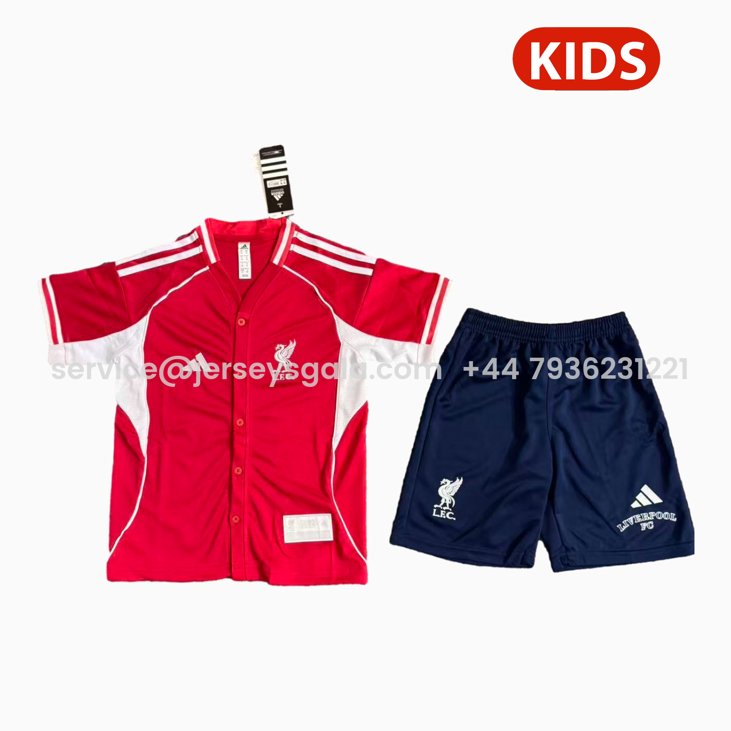 JerseysGala.com | Liver.pool 25-26 Red With White Lines Baseball Kids Kit -Customize Name, Number and Patch | Worldwide Shipping