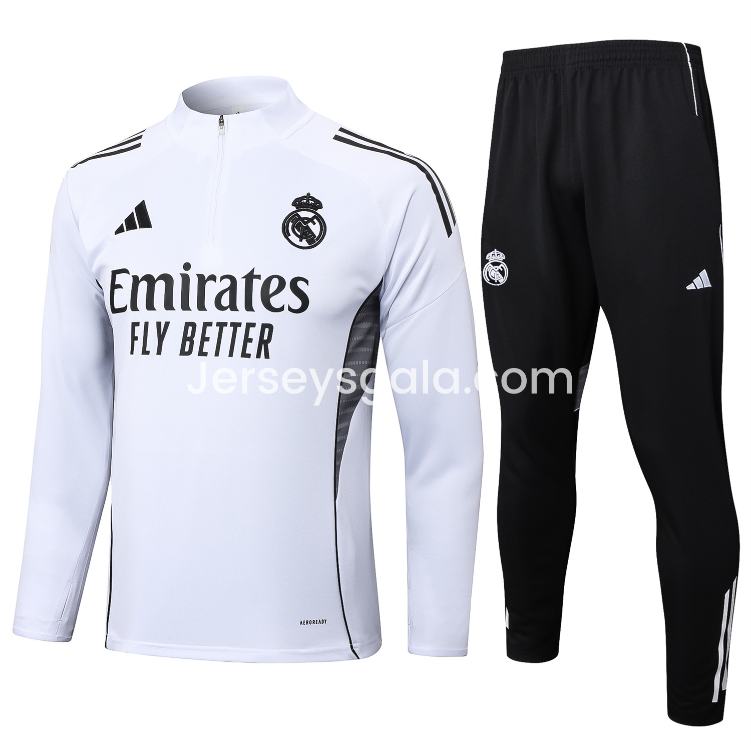 JerseysGala.com | Real Madrid 25-26 Long Sleeve Training Set - White Top and Black Pants -Customize Name, Number and Patch | Worldwide Shipping