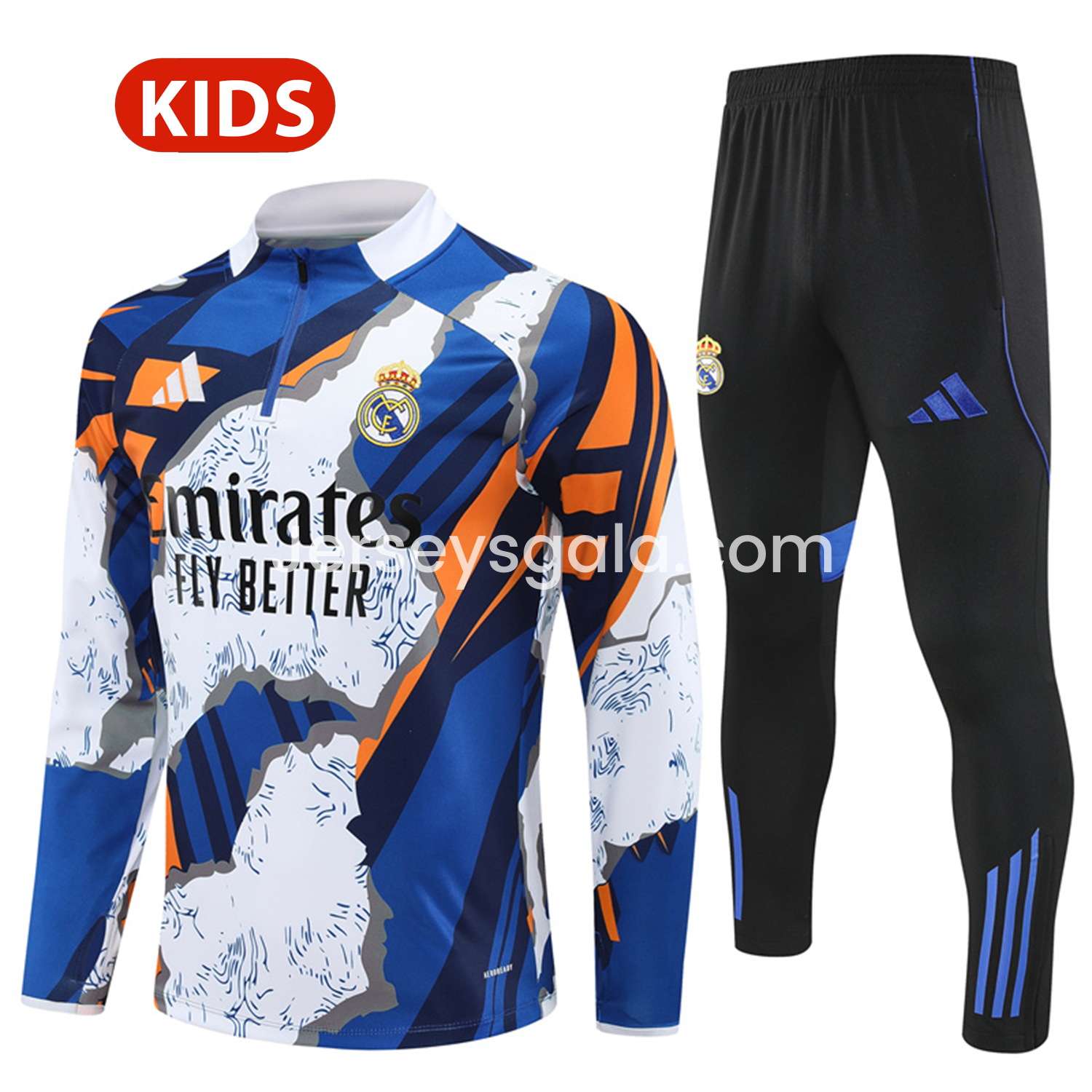 JerseysGala.com | Real Madrid 25-26 Kids Long Sleeve Training Set - Yellow, White and Blue Camouflage Top and Black Pants -Customize Name, Number and Patch | Worldwide Shipping