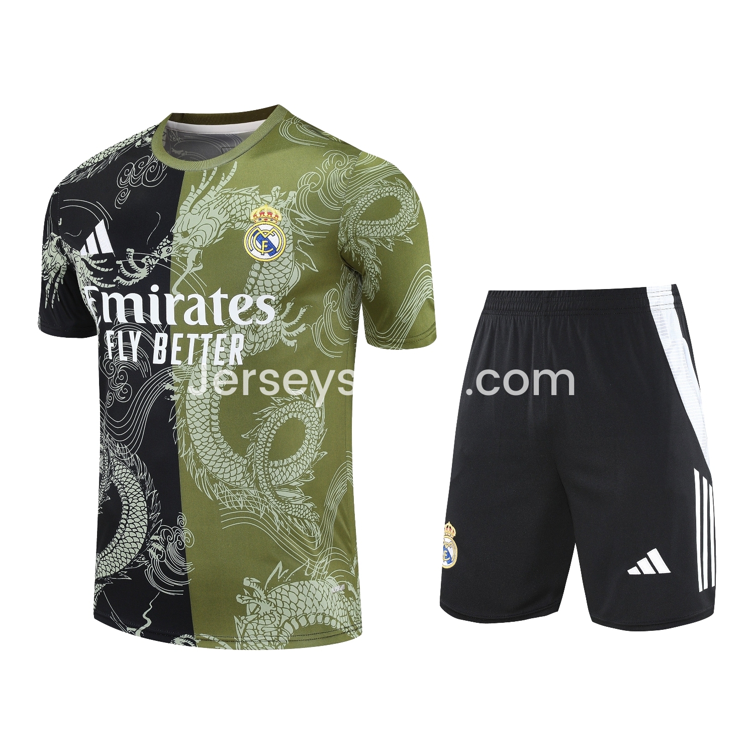 JerseysGala.com | Real Madrid 25-26 Short-Sleeve Training Set - Green-Black Dragon Top & Black-White Shorts -Customize Name, Number and Patch | Worldwide Shipping