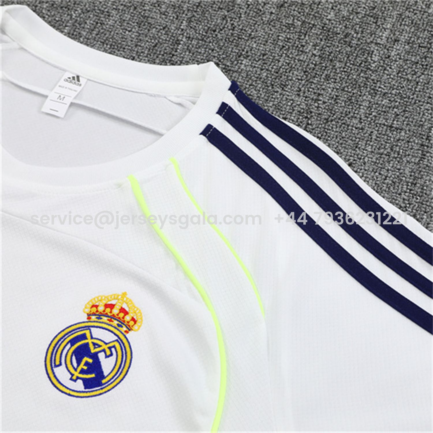 JerseysGala.com | Real Madrid 25-26 Kids Short-Sleeve Training Set - White Urban Purist Style Top and Blue Shorts -Customize Name, Number and Patch | Worldwide Shipping