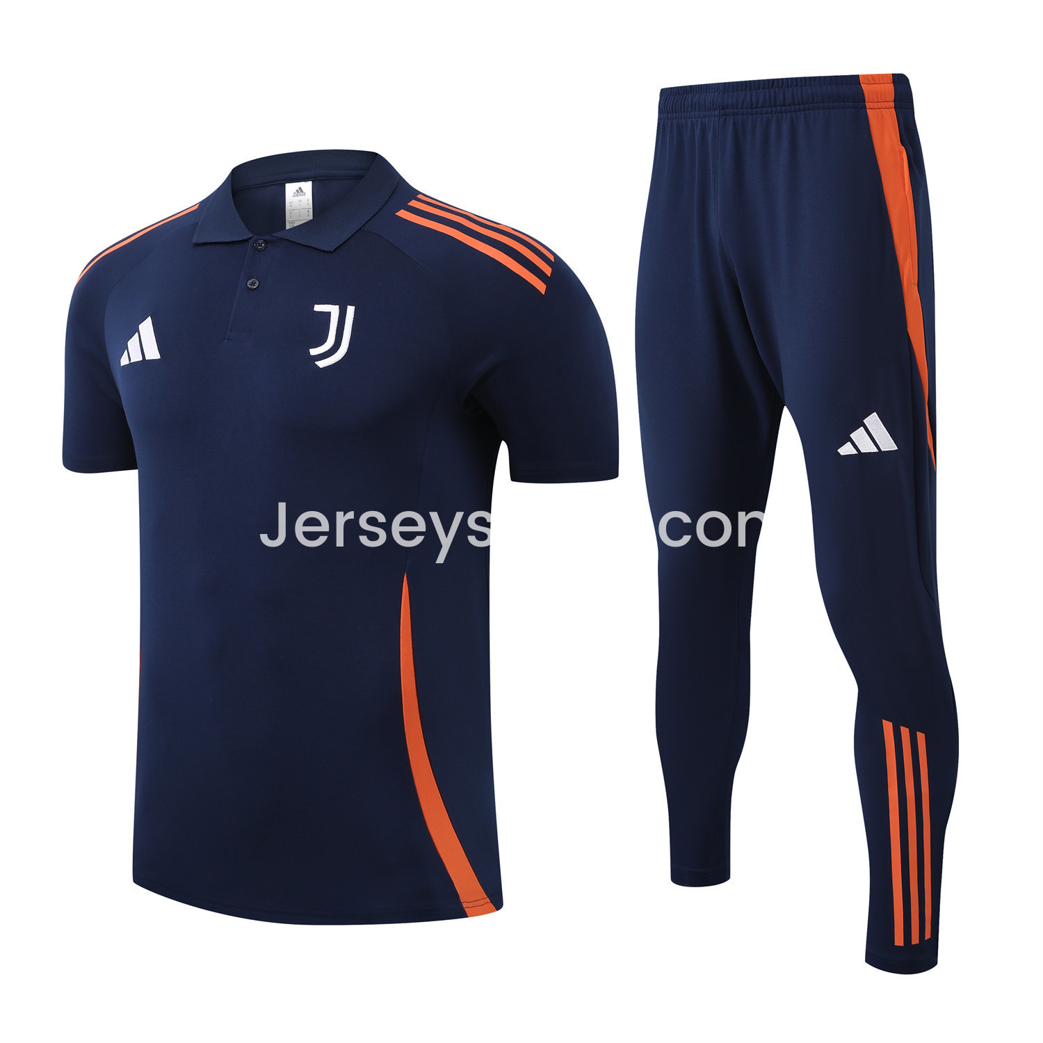 JerseysGala.com | Juventus 25-26 POLO Short-Sleeve Training Set - Deep Blue Top and Pants with Orange Stripes -Customize Name, Number and Patch | Worldwide Shipping