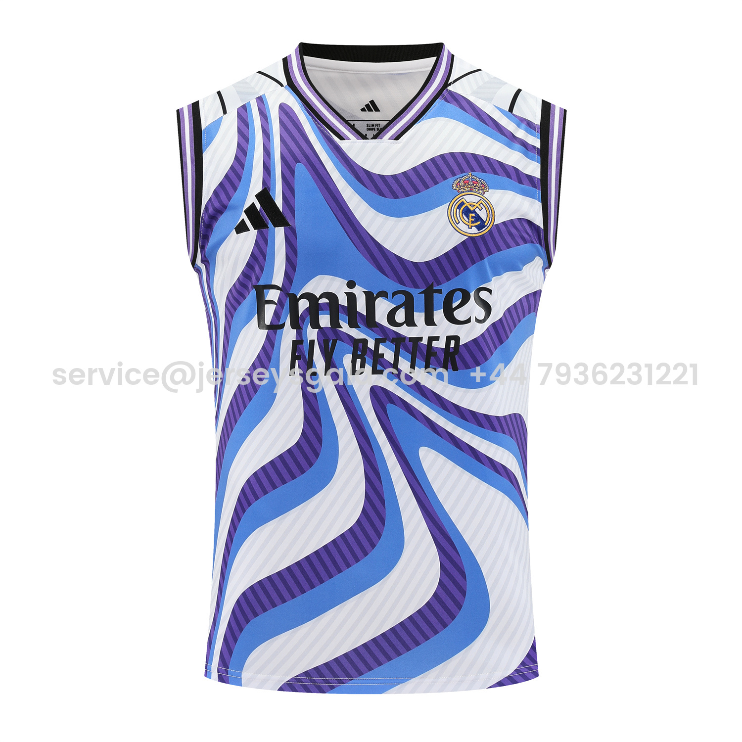 JerseysGala.com | Real Madrid 25-26 Vest Training Set - Blue Purple Curve Pattern Vest & Black Shorts -Customize Name, Number and Patch | Worldwide Shipping