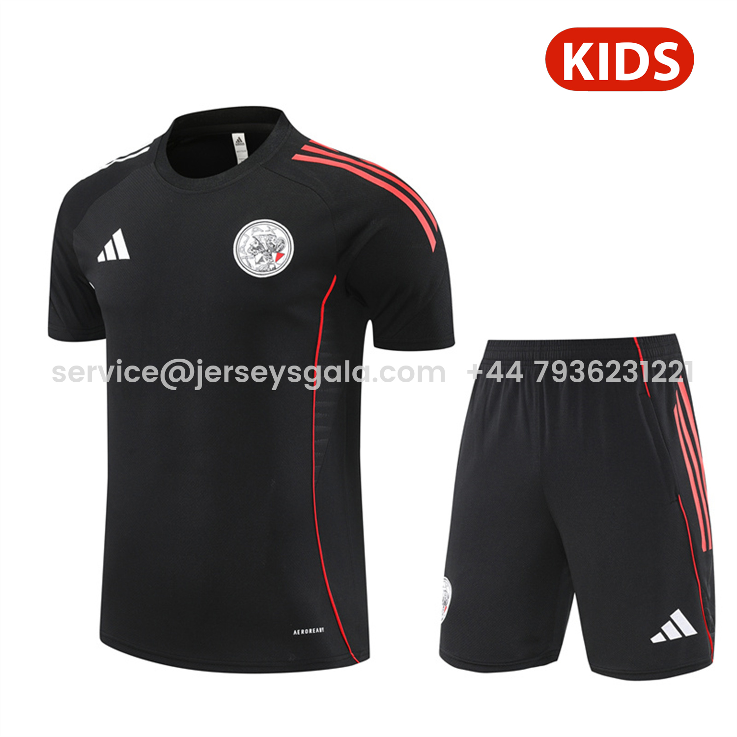 JerseysGala.com | Ajax 25-26 Kids Short-Sleeve Training Set - Black Top and Black Shorts -Customize Name, Number and Patch | Worldwide Shipping