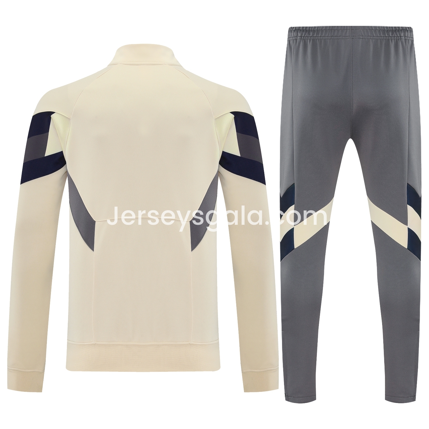 JerseysGala.com | Real Madrid 25-26 Throwback Jacket Training Tracksuit - Off-white Jackets & Grey Pants -Customize Name, Number and Patch | Worldwide Shipping