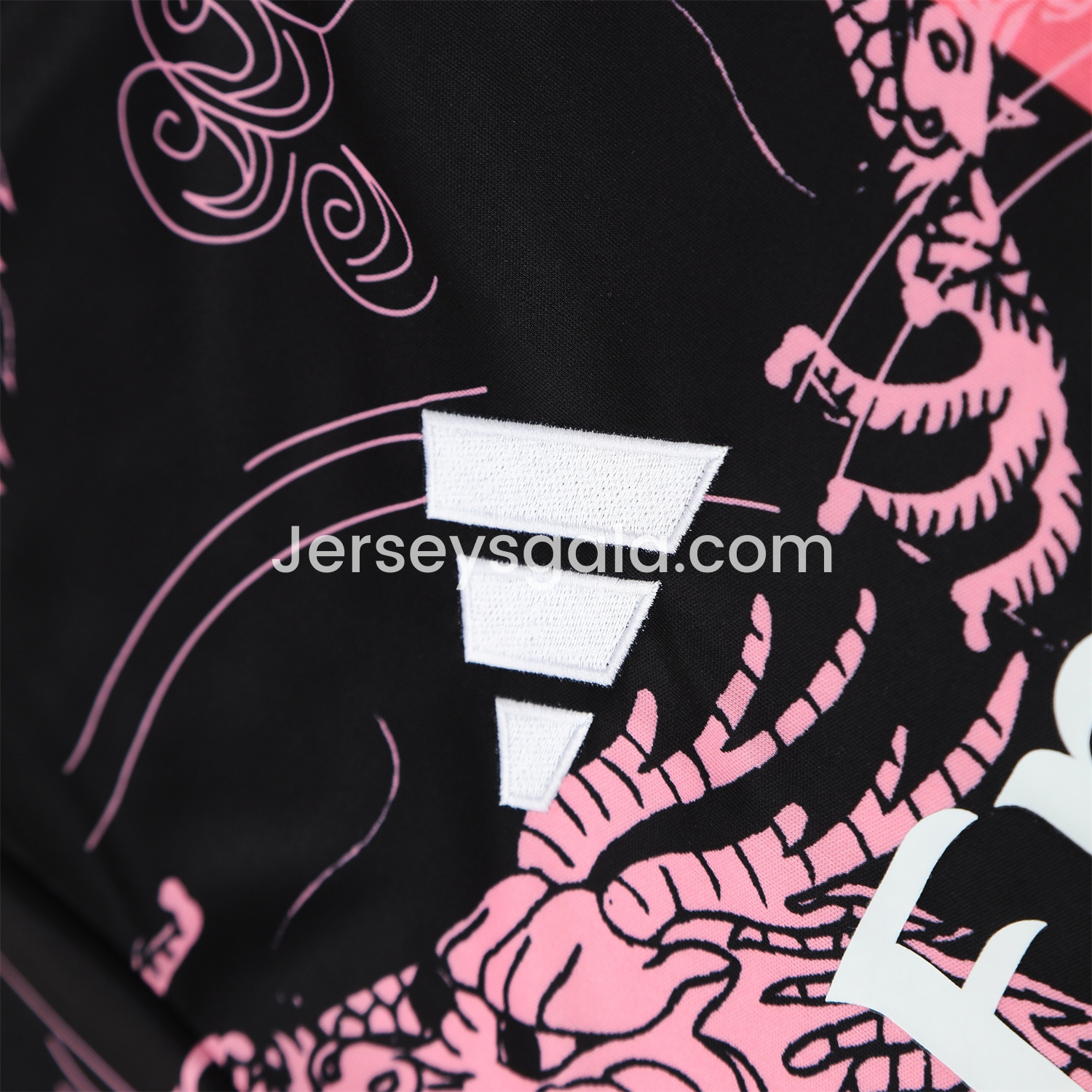 JerseysGala.com | Real Madrid 25-26 Short-Sleeve Training Set - Pink-Black Dragon Top & Black-White Shorts -Customize Name, Number and Patch | Worldwide Shipping