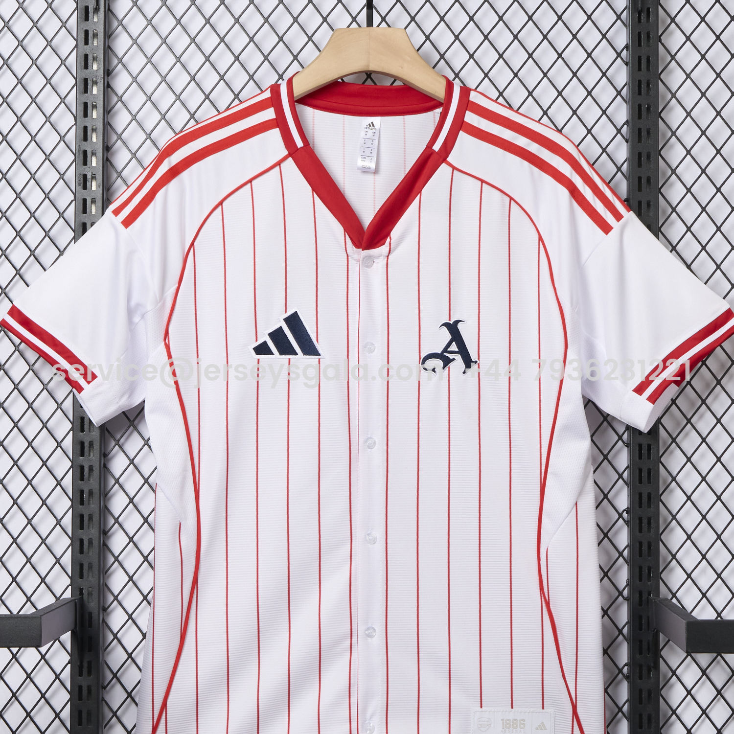 JerseysGala.com | Arsenal 25-26 White Baseball Jersey with Red Stripes -Customize Name, Number and Patch | Worldwide Shipping