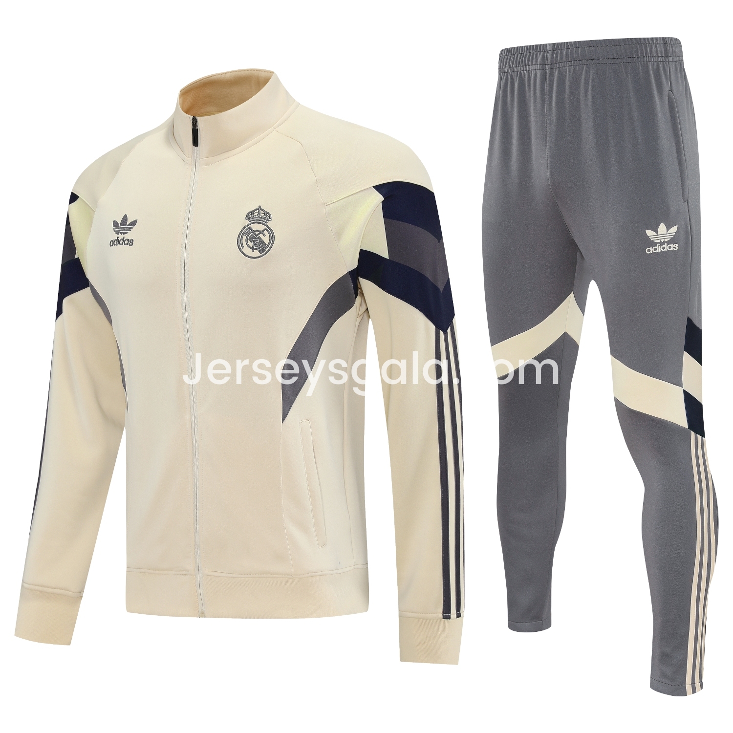 JerseysGala.com | Real Madrid 25-26 Throwback Jacket Training Tracksuit - Off-white Jackets & Grey Pants -Customize Name, Number and Patch | Worldwide Shipping