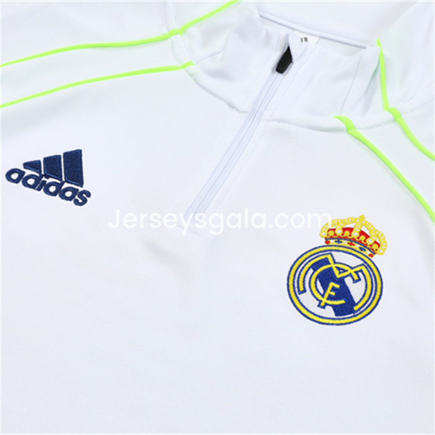 JerseysGala.com | Real Madrid 25-26 Kids Long Sleeves Training Set - Green Line White Top and Blue Pants -Customize Name, Number and Patch | Worldwide Shipping