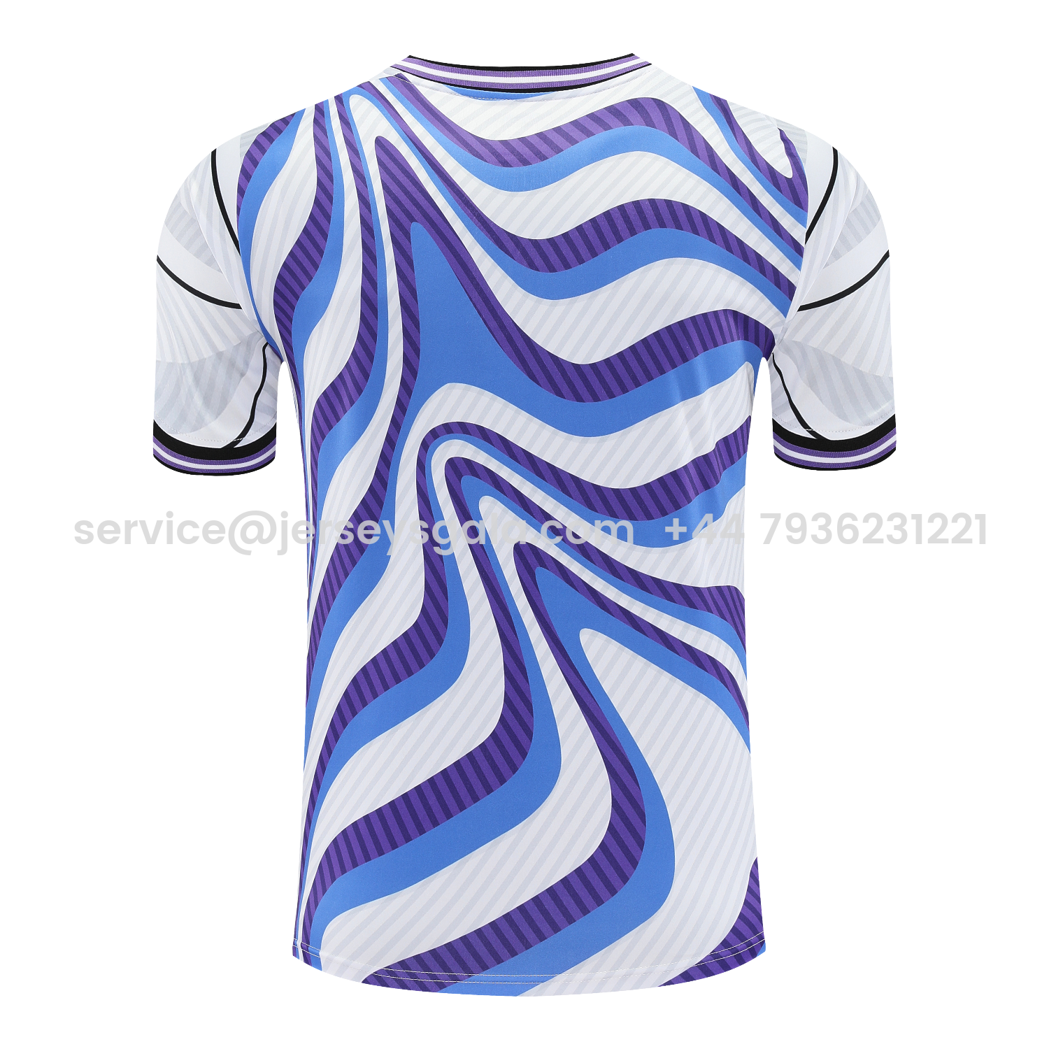 JerseysGala.com | Real Madrid 25-26 Short-Sleeve Training Set - Blue Purple Curve Pattern Top & Black Shorts -Customize Name, Number and Patch | Worldwide Shipping